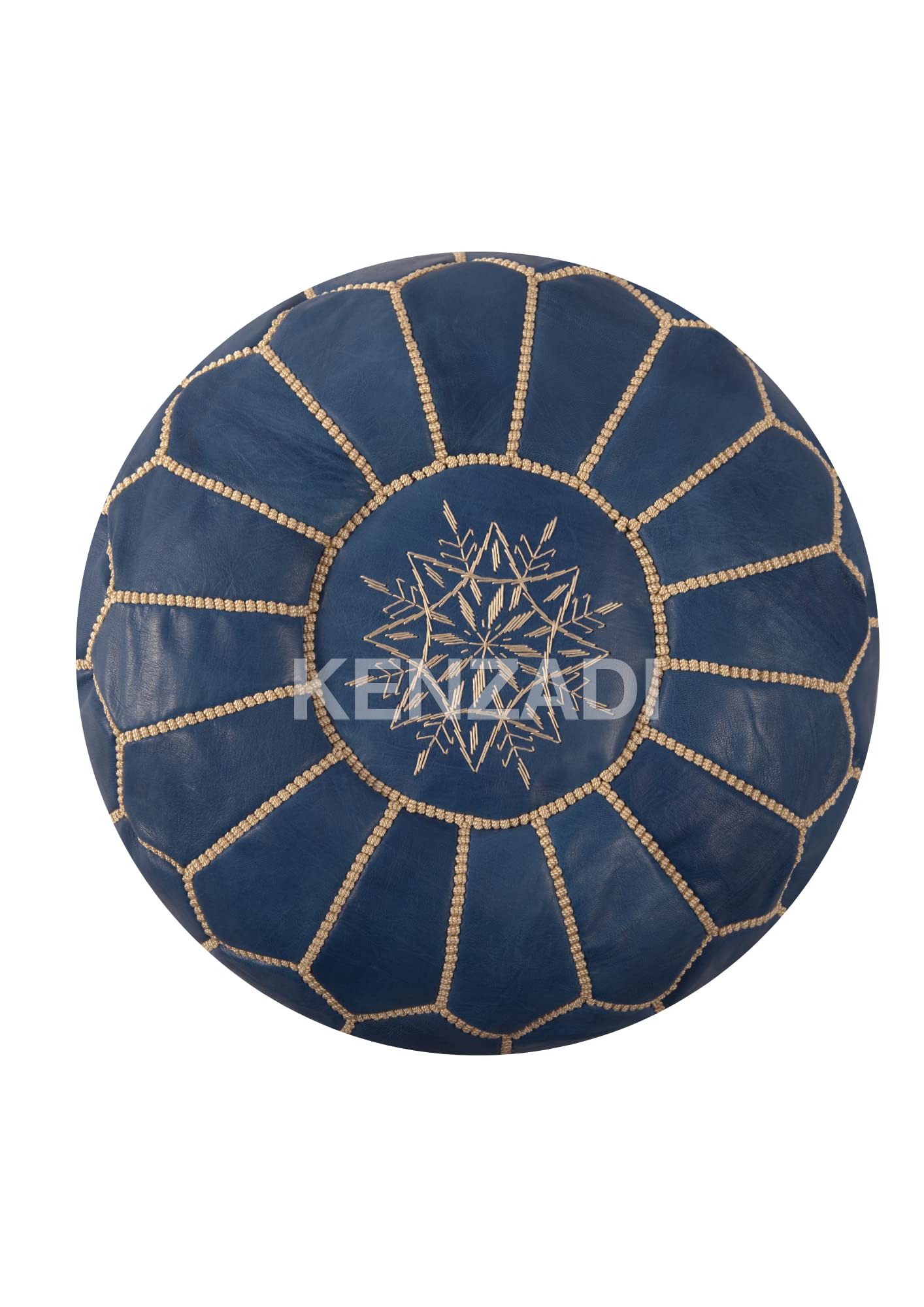 KENZADI Genuine Leather Ottoman Pouf Cover - Handcrafted in Marrakech by Moroccan Artisans, Footstool Pouf, Unstuffed (Blue & Beige) - Perfect for Living Room, Bedroom & Boho Home Decor