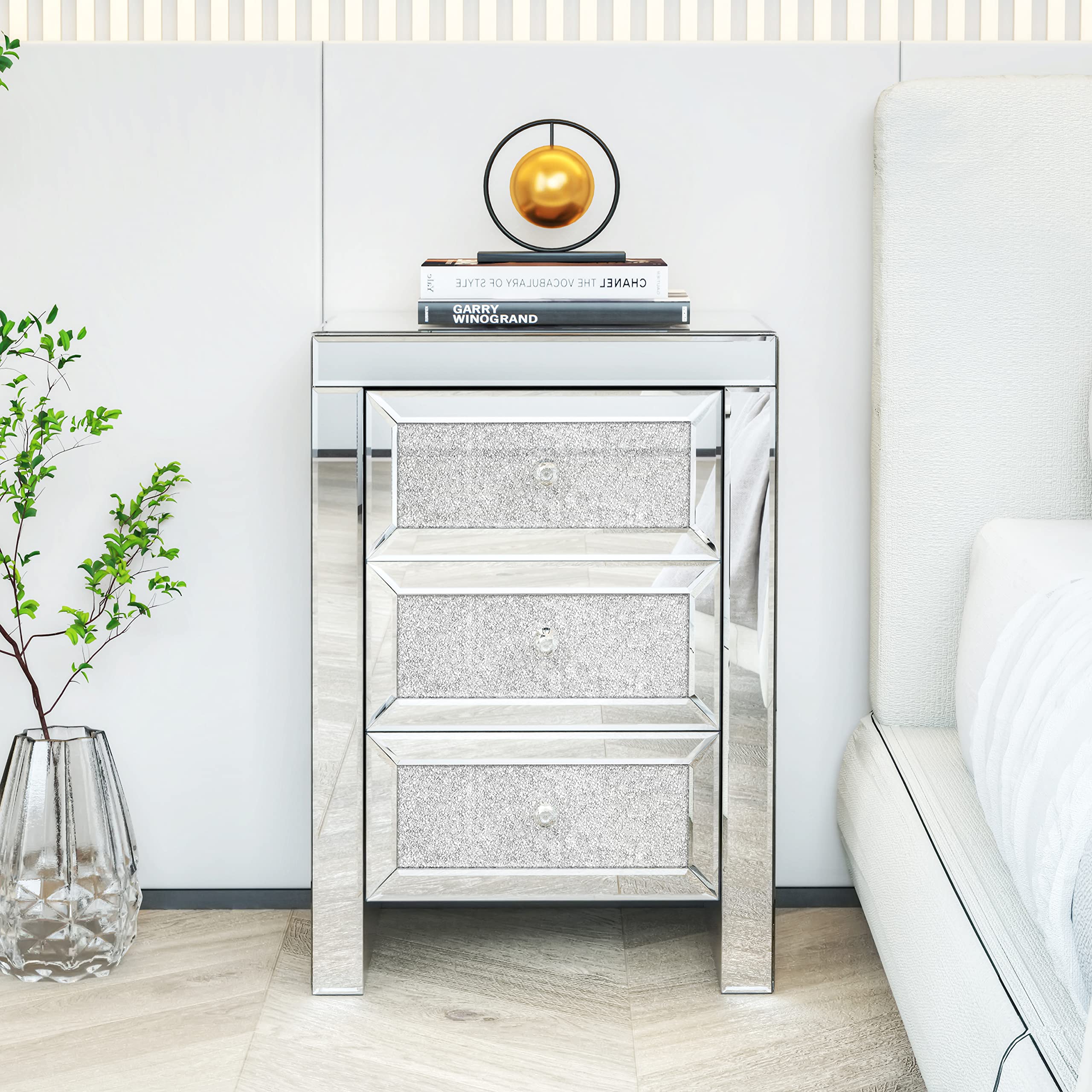 Mirrored Nightstand with Crystal Knobs - 3-Drawer Silver End Table with Mirror Accent for Bedroom & Living Room - Compact Storage Cabinet for Jewelry, Books & Bedside Essentials