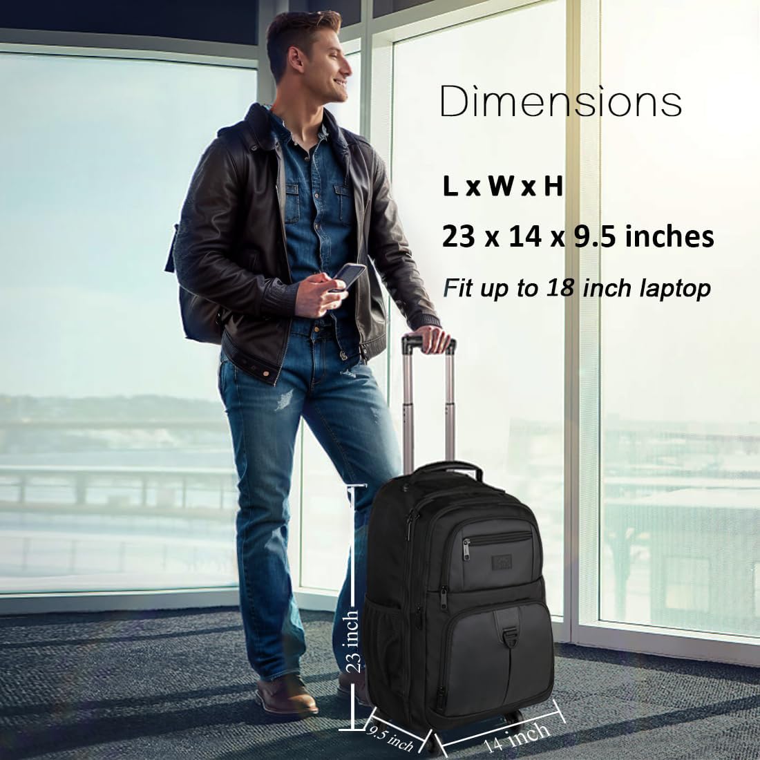 **MATEIN 18-Inch Rolling Laptop Backpack - 4-Wheel Spinner Travel Laptop Bag for Men & Women, Heavy Duty Wheeled Business Backpack for Work, Office & Air Travel - Perfect for Commuting & Business Trips (Black)**