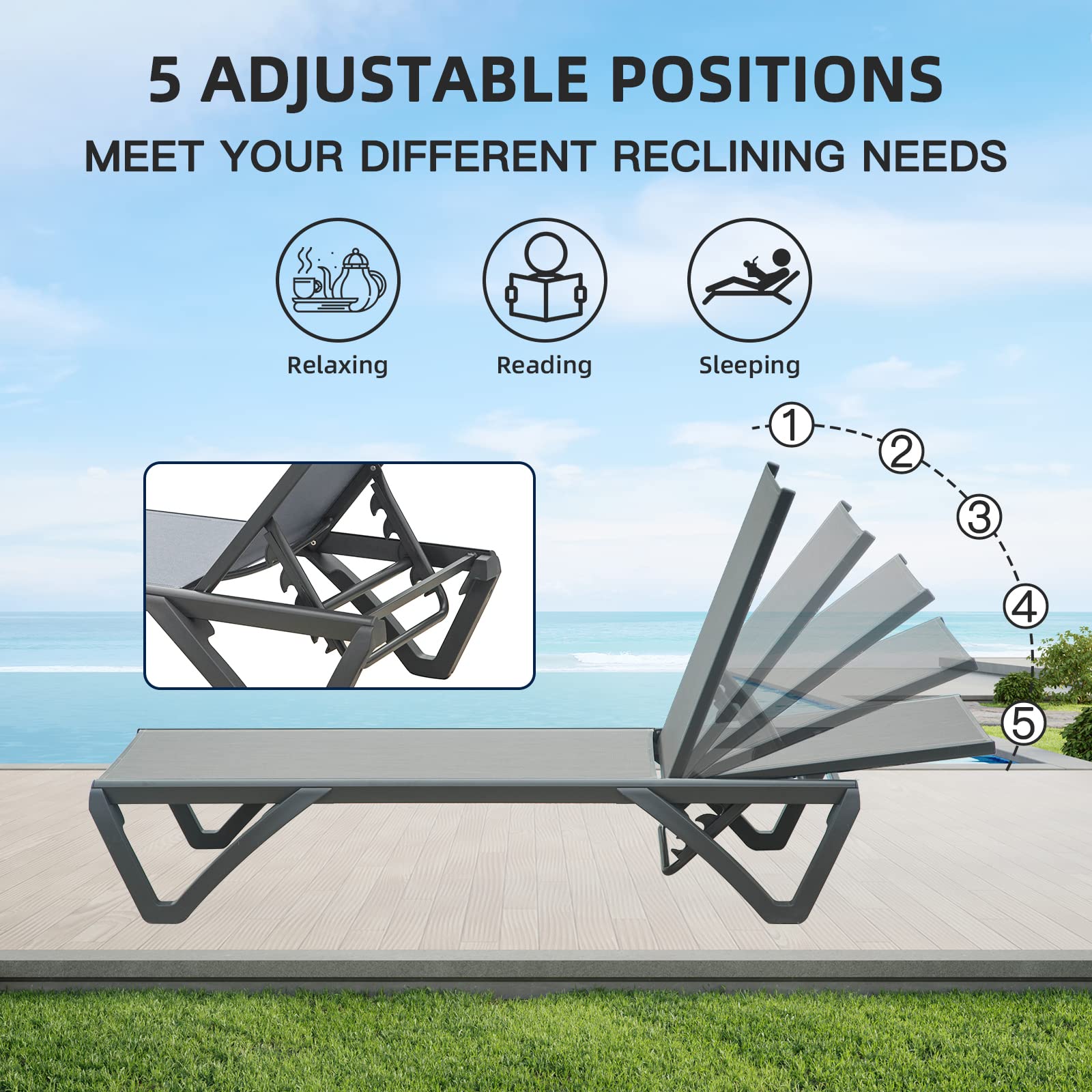 Adjustable Aluminum Pool Lounge Chair with Wheels - Outdoor Chaise for Beach, Poolside & Patio