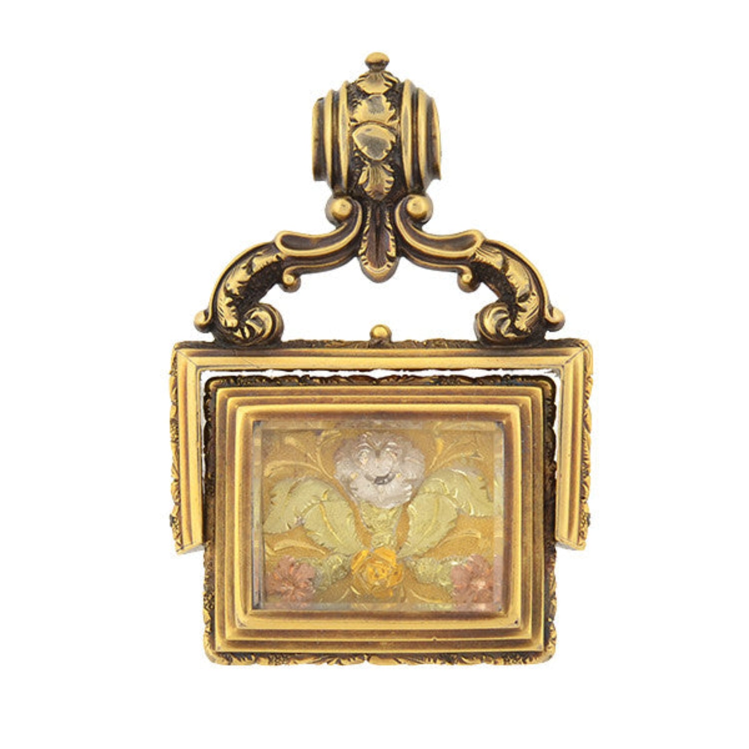 Victorian Style 14K Gold Mixed Metals Agate Floral Spinner Fob Charm - Antique Jewelry for Women, Vintage Pocket Watch Chain Accessory | Perfect for Gift, Wedding, Victorian Costume & Steampunk Fashion
