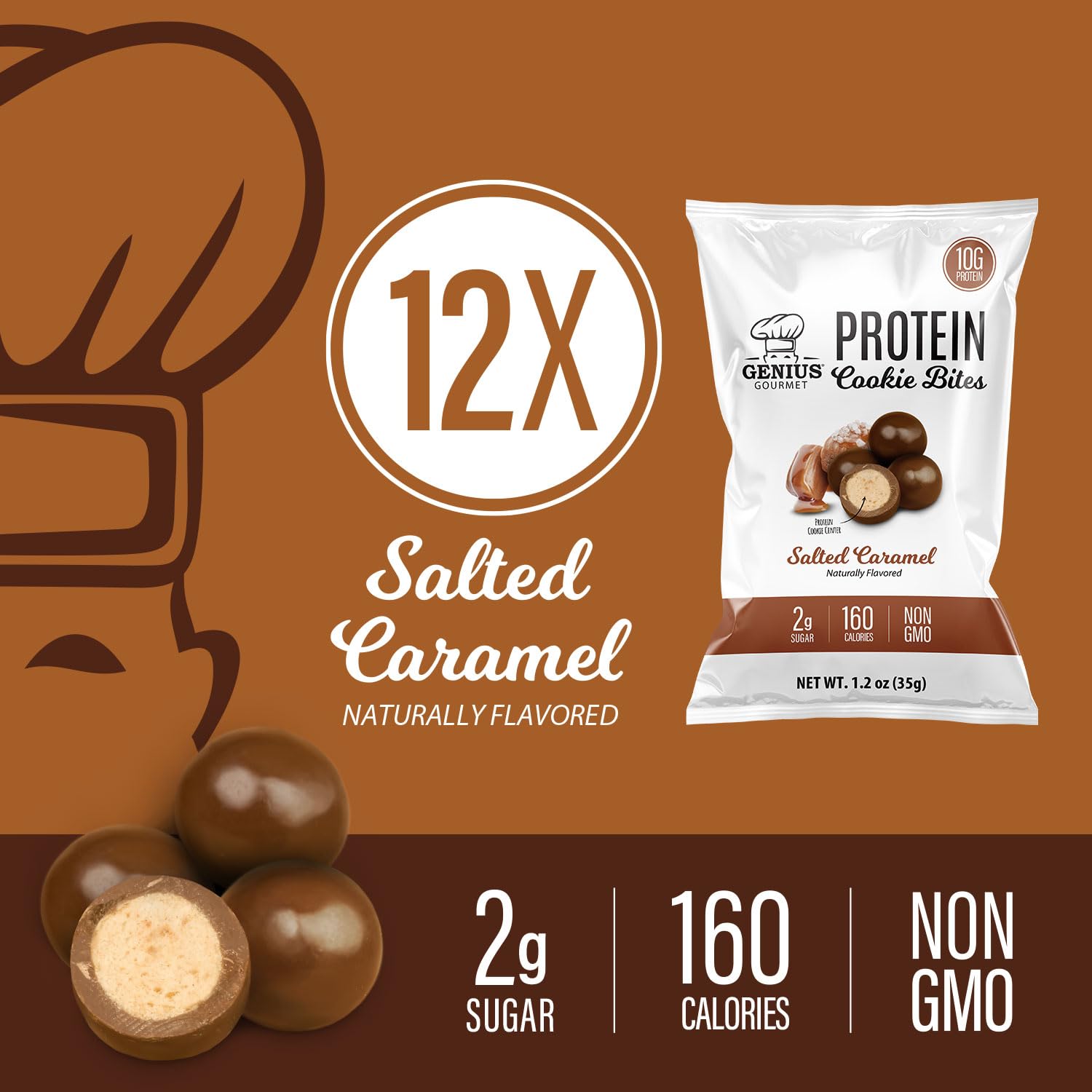 Genius Gourmet Protein Cookie Bites Salted Caramel - 10g Protein, No Added Sugar, Low Carb, Non-GMO - Healthy Protein Snacks for Adults & Kids - 12 Bags - Perfect for Post-Workout, School Lunch & On-the-Go Snacking