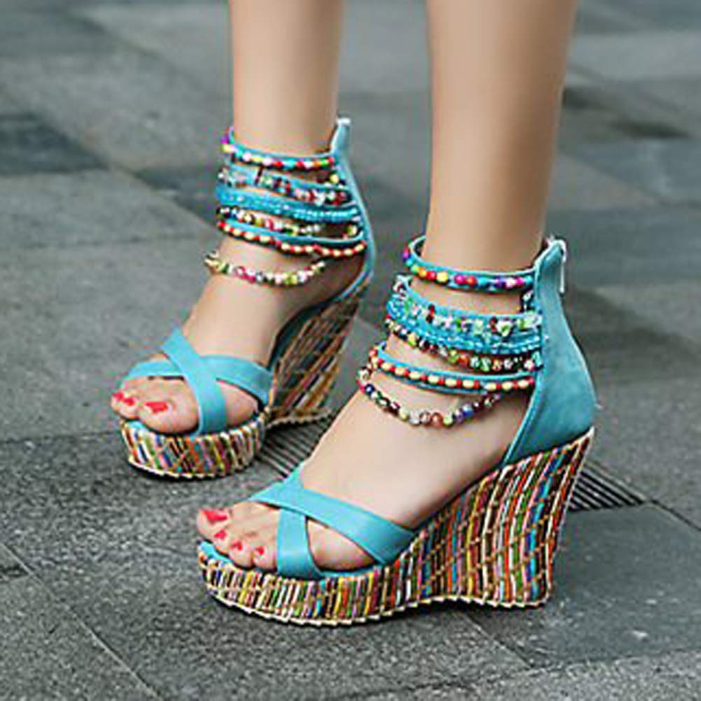 Getmorebeauty Women's Pearl Embellished Wedge Sandals - Comfortable Platform High Heels for Summer, Beach & Casual Outings