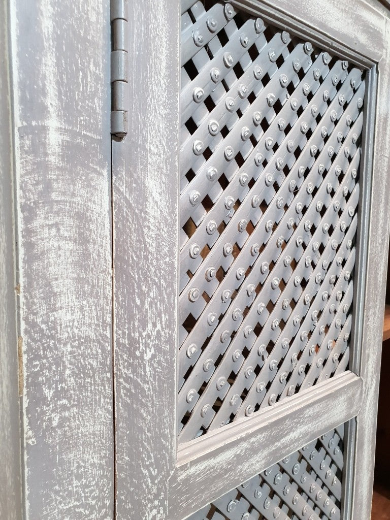 French Style Jali Carved Cabinet Pantry Cupboard - Grey & White Rustic Design (180cm) for Living Room, Dining Room & Kitchen Storage