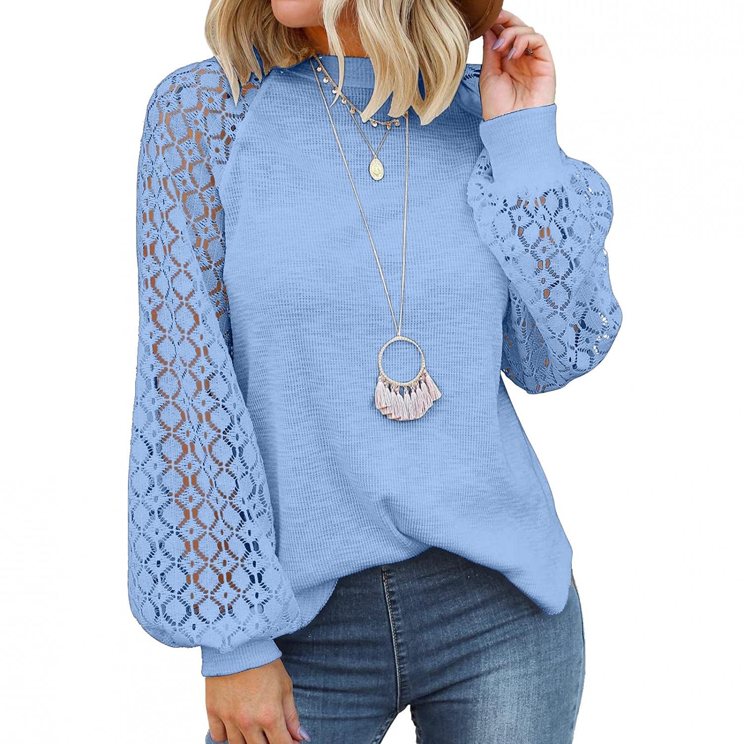 Women's Fall Long Sleeve Lace Blouse - Casual Loose Waffle Knit Tops for Autumn | Perfect for Office Wear, Date Nights & Cozy Weekends