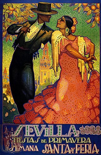 Vintage 1928 Sevilla Seville Spain Travel Poster - 14x22 Inch Flamenco Dance Art Print on Matte Paper | Spanish Spring Fashion Decor for Home, Office & Gift