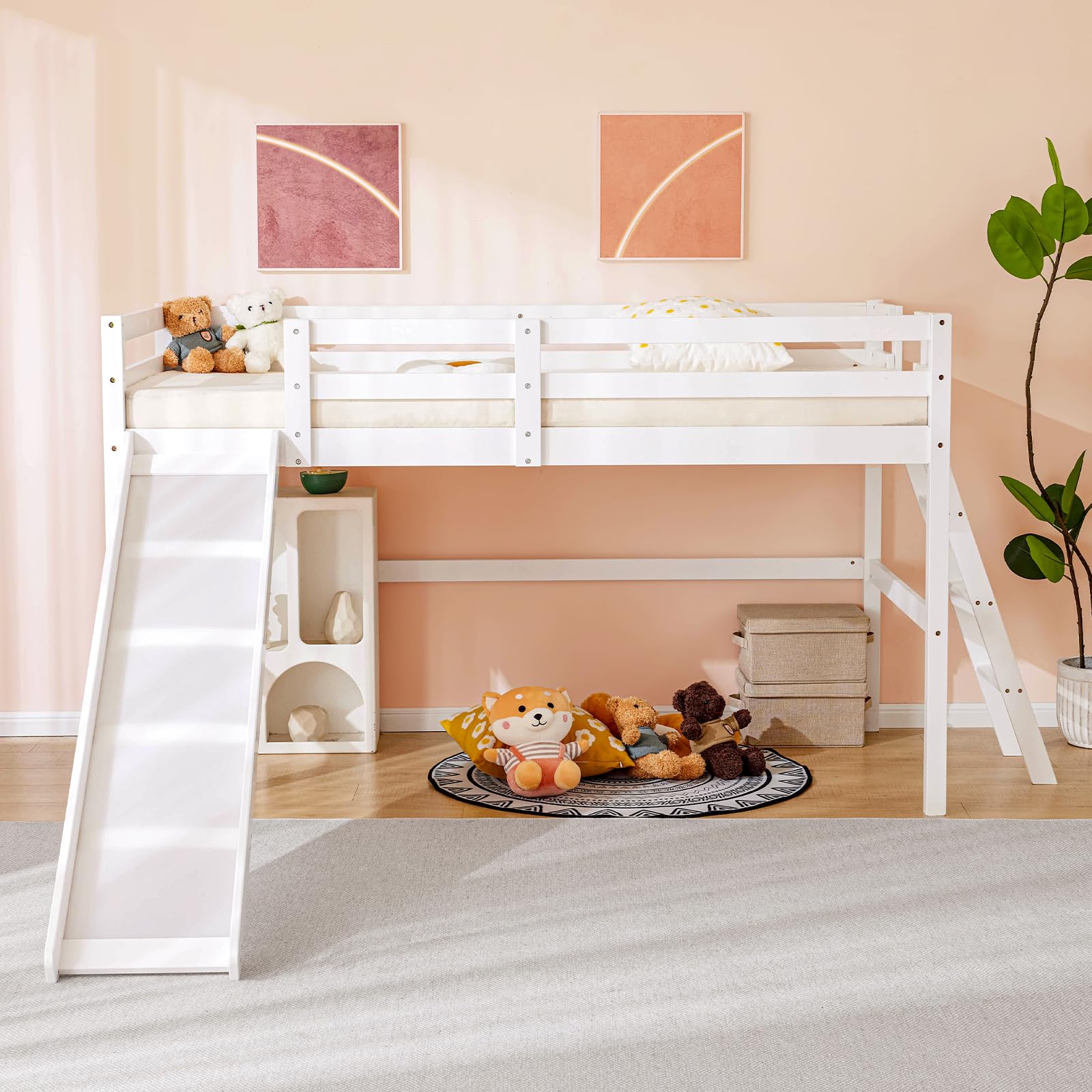 VINGLI Twin Loft Bed with Slide - Space Saving Kids Low Loft Bed with Guardrail & Ladder - Sturdy Pine Wood Bed Frame for Boys & Girls (White) - Perfect for Small Bedrooms & Playrooms