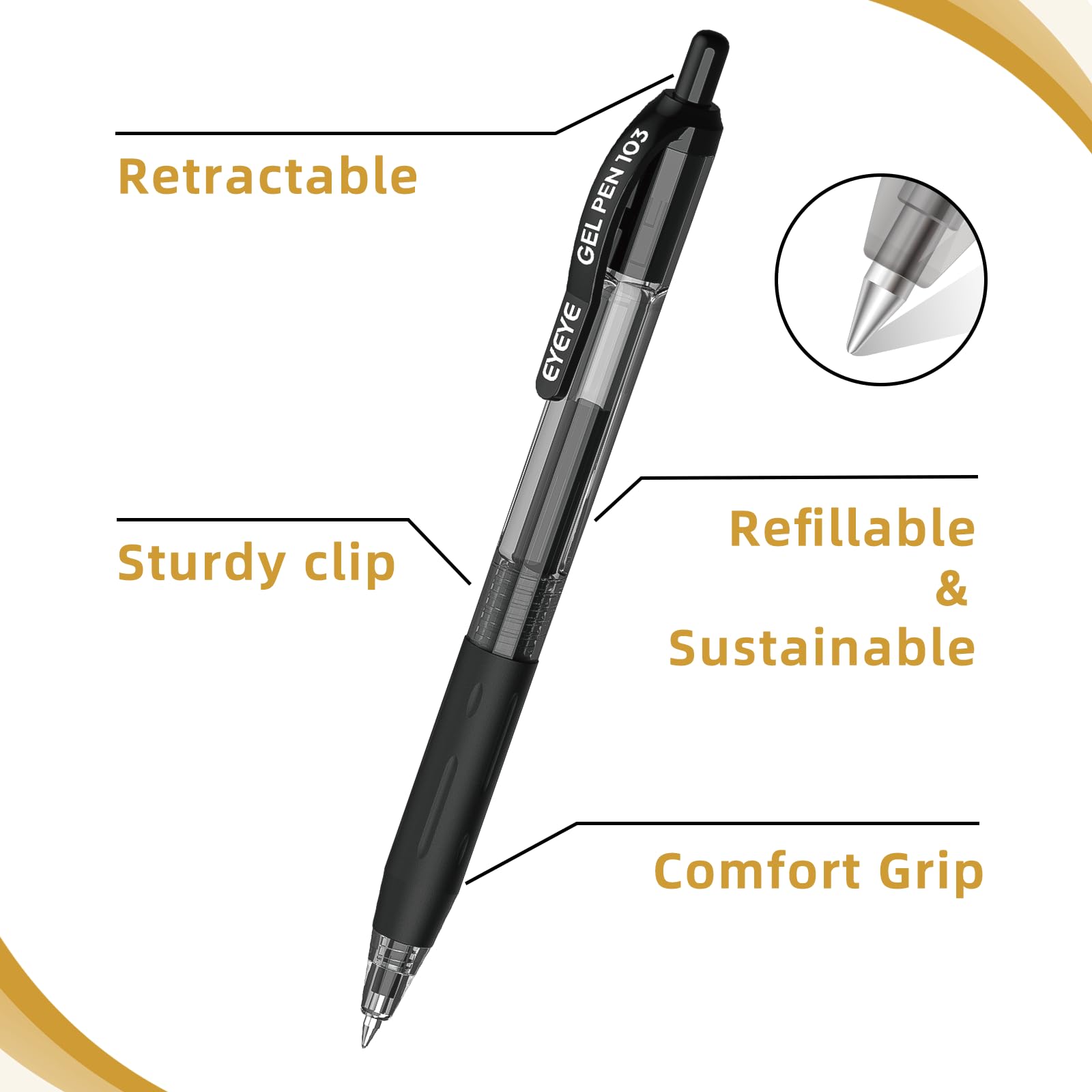 EYEYE G-103 Retractable Gel Pens - 0.5mm Fine Point Blue Ink Ballpoint Pens, Quick Drying Smooth Writing for School, Office & Note Taking (10-Pack, Black) - Perfect for Students, Professionals & Everyday Use