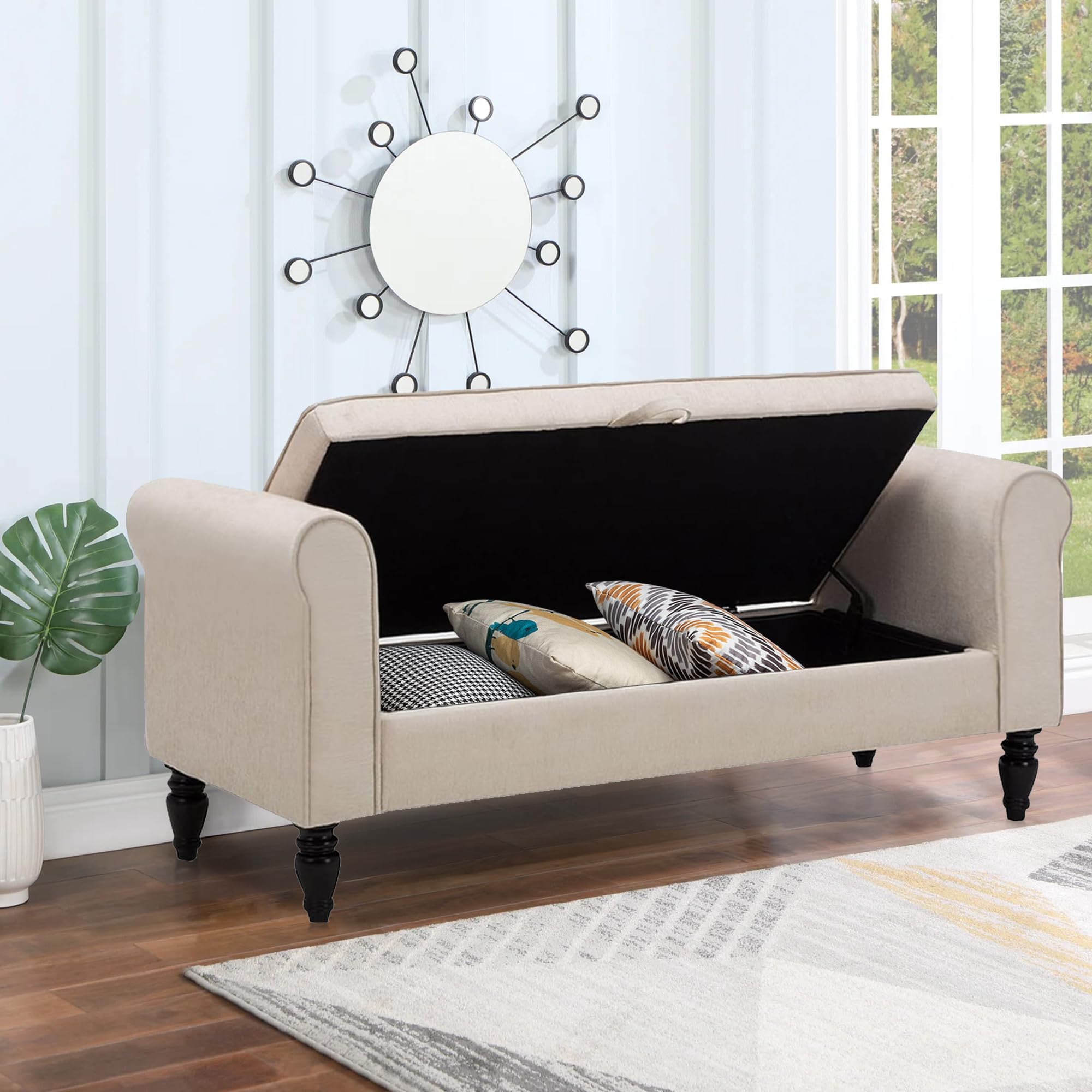 ANNJOE Upholstered Storage Ottoman Bench with Arms - Vanity Seat, Bedroom Bench, Entryway & End of Bed Stool - Beige Fabric - Perfect for Bedroom Decor, Living Room Seating & Entryway Organization
