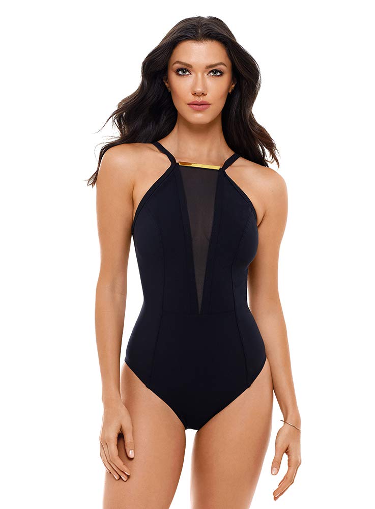 Women's High Neck One Piece Swimsuit with Gold Mesh Inserts - Sexy Tummy Control Bathing Suit for Beach, Pool & Vacation | Plus Size Swimwear