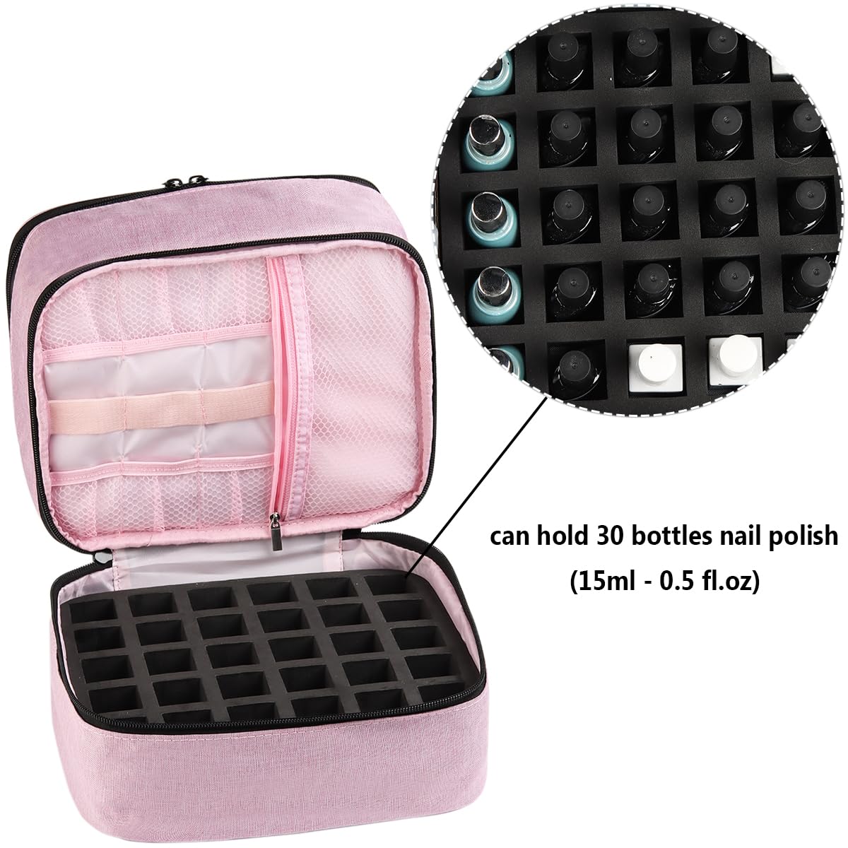 30 Bottle Nail Polish Organizer Case with UV Lamp Dryer - Professional Manicure Storage Bag for 15ml (0.5oz) Polish Bottles - Perfect for Salon, Travel & Home Nail Care Organization