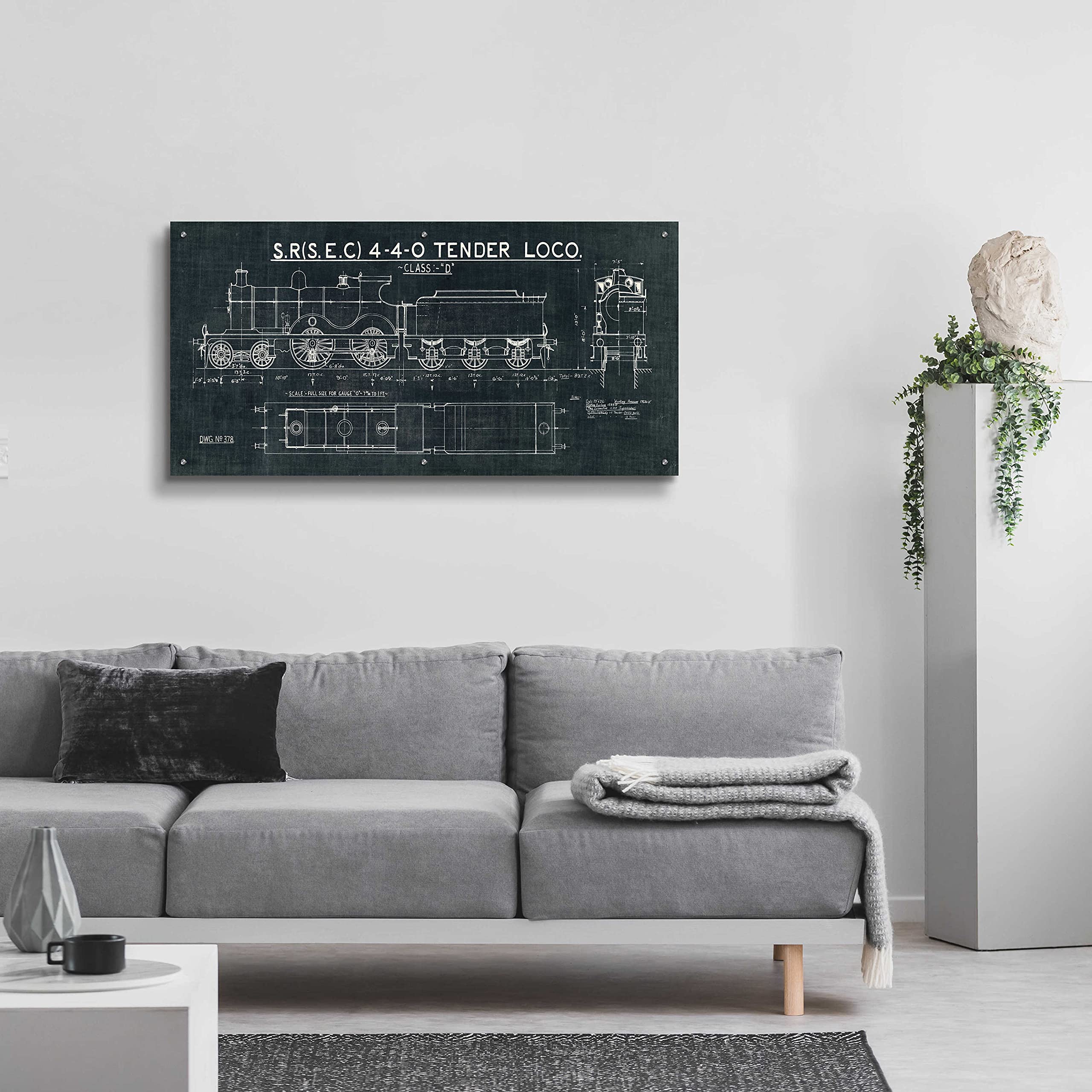 Wild Apple Portfolio 'Train Blueprint II' - 48x24 Inch Acrylic Glass Wall Art Decor | Modern Blueprint Train Painting for Living Room, Office & Industrial Style Spaces