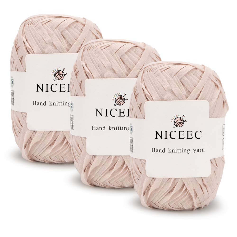 NICEEC 3 Skeins Kraft Paper Yarn Raffia Yarn - Soft Polyester Craft Ribbon for Crocheting, DIY Weaving (Total 145m×3/158yds×3, 50g×3) - Light Pink - Perfect for Handmade Bags, Hats, Home Decor & Gift Wrapping