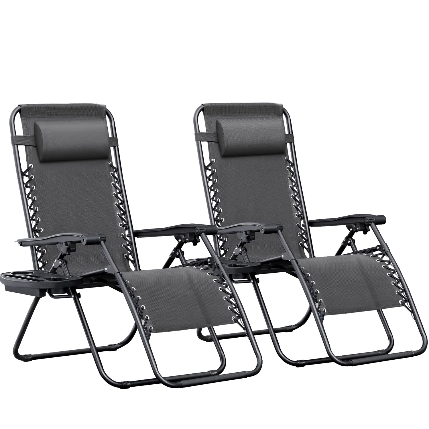 **Greesum Zero Gravity Lounge Chairs Set of 2 - Adjustable Steel Mesh Recliners for Outdoor Relaxation, Beach, Deck, Lawn, Camping & Patio - Foldable with Cup Holder, Side Trays & Pillows - Dark Black - Perfect for Sunbathing, Backyard Lounging & Poolside Relaxation**