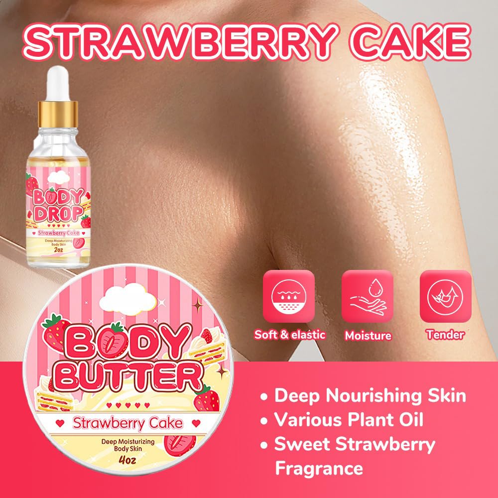 Strawberry Skincare Gift Set - Hydrating Body Butter & Nourishing Body Oil for Dry Skin, Moisturizing Duo for Soft & Smooth Skin | Perfect for Self-Care, Spa Days & Gifts