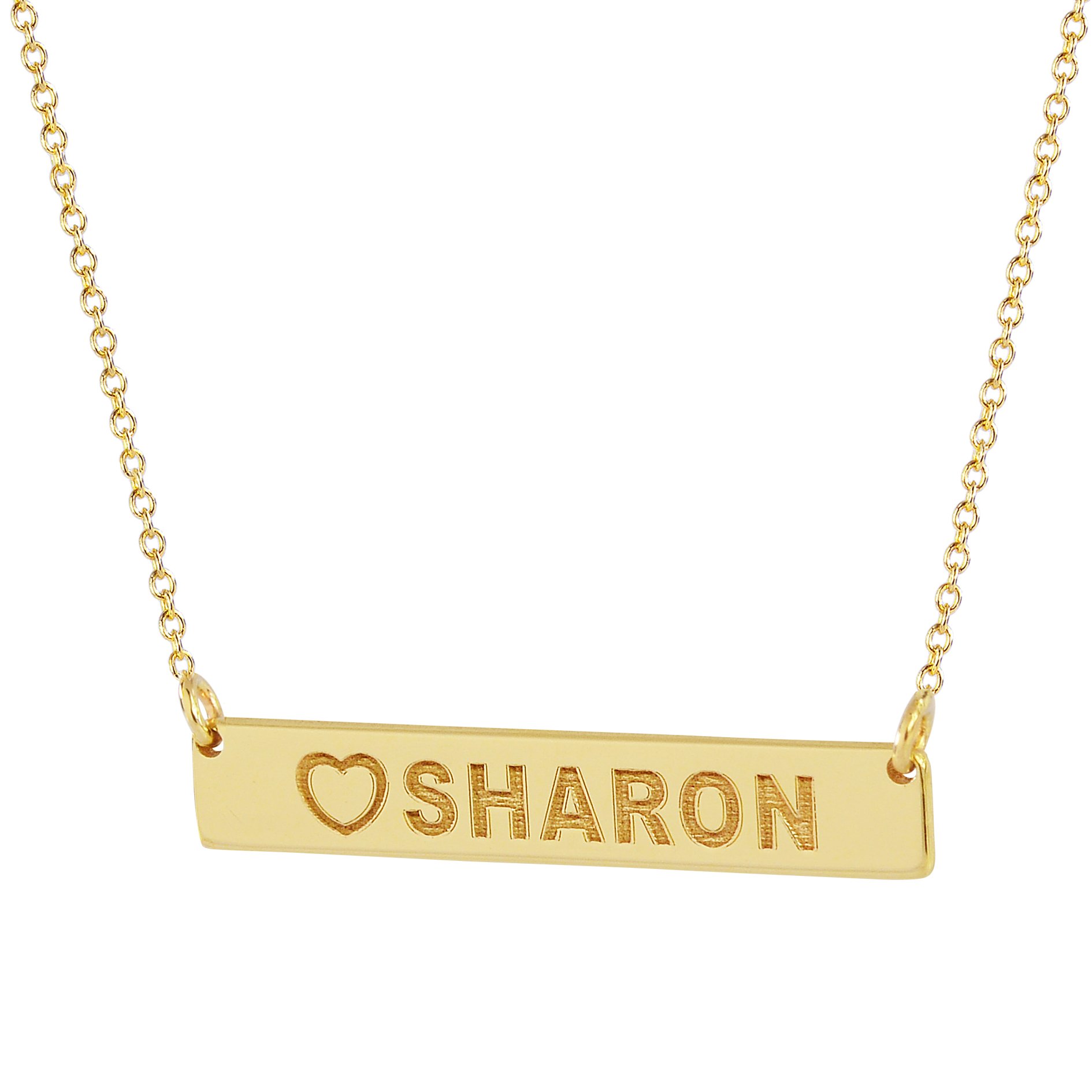 7/8 Inch Solid 14K Yellow or White Gold Tiny Horizontal Bar Necklace - Personalized Name & Heart Engraved - Perfect for Anniversaries, Birthdays & Everyday Elegance