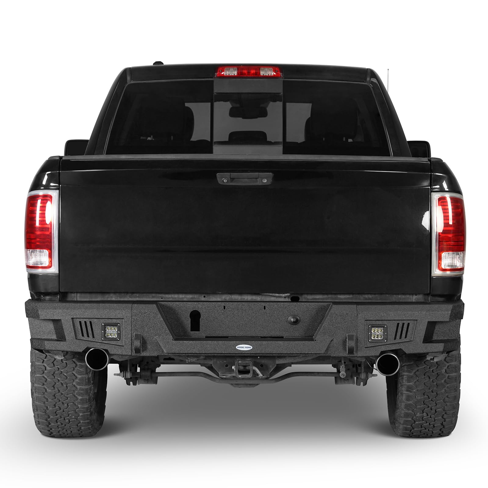 Hooke Road Heavy Duty Rear Bumper with D-Ring Mount & LED Lights for 2009-2018 Dodge Ram 1500 Pickup Truck - Offroad Step Bumper for Enhanced Safety and Towing - Perfect for Off-Roading, Camping & Work Sites