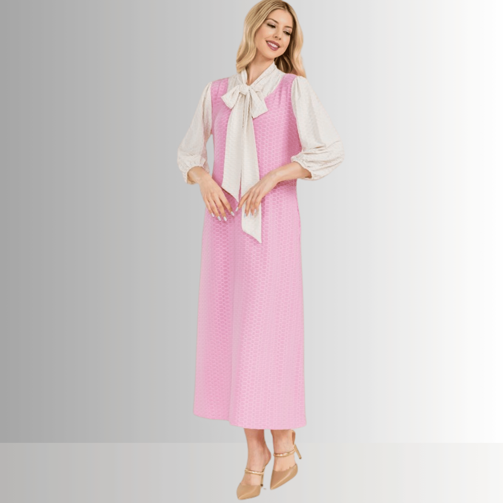 Honeycomb Jersey Classic Bowtie Midi Dress for Women - Elegant Floral Print Summer Party Dress for Wedding, Cocktail & Special Occasions