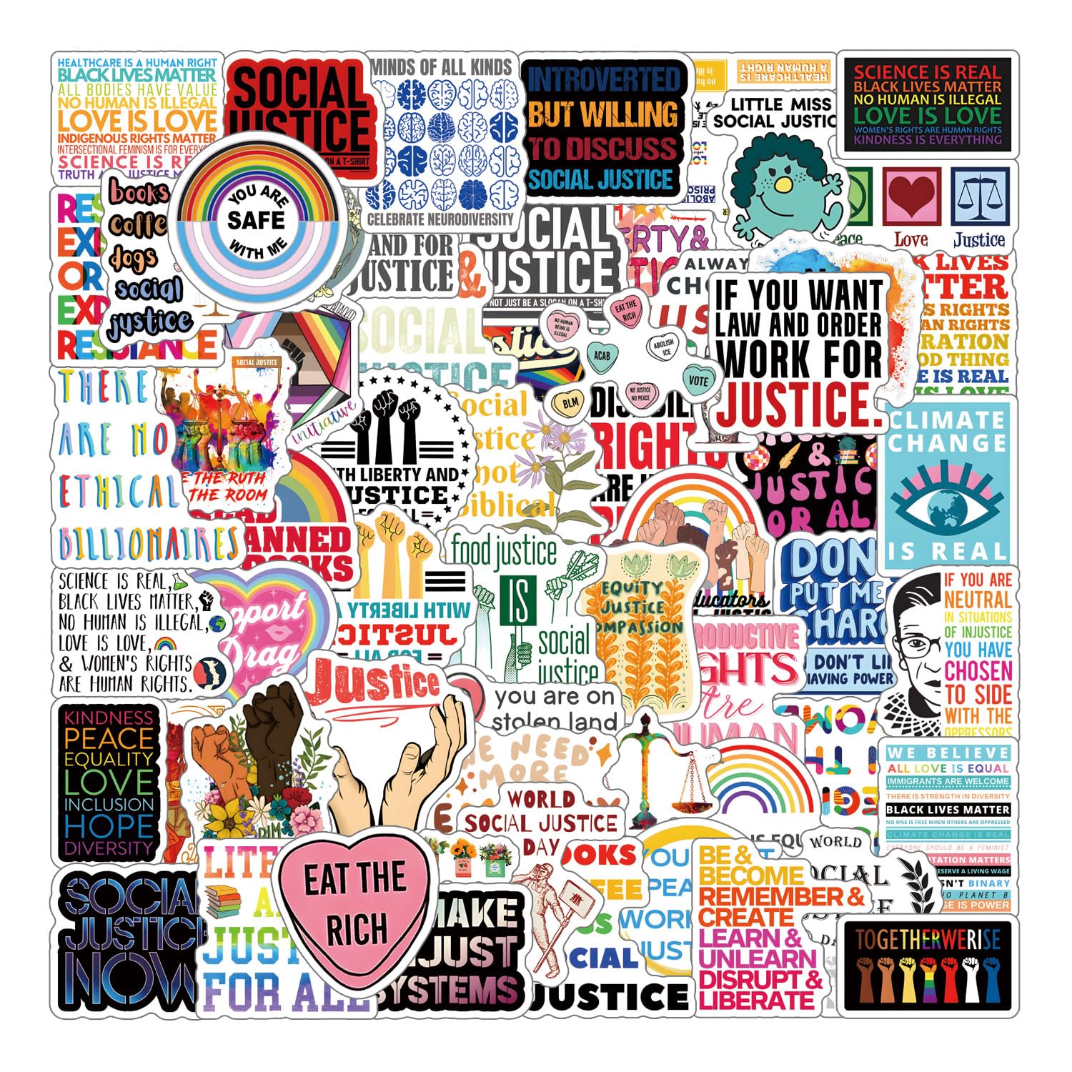 61Pcs Social Justice Stickers Pack - Cute Cartoon Vinyl Waterproof Decals for Water Bottles, Laptops, Phones, Skateboards - Perfect for Scrapbooking, Bumper Decor, Party Supplies - Ideal for Kids, Teens & Adults - Great for Social Awareness Events, School Projects & Activism Gear