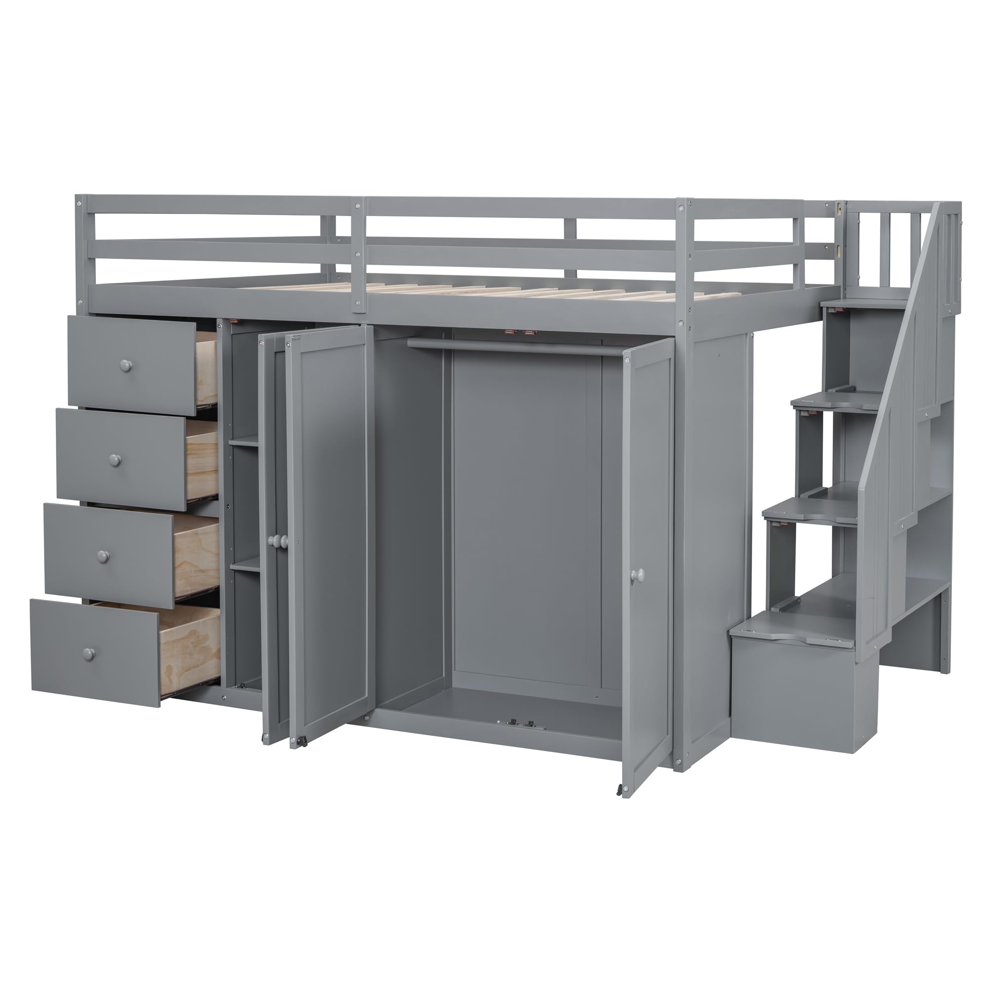 Harper & Bright Designs Full Size Wood Loft Bed with Stairs - Twin XL Loft Bed Frame with 2 Wardrobes, Storage Drawers & Cabinet - Sturdy High Loft Bed for Kids, Teens & Adults (Grey) - Perfect for Small Bedrooms, Dorms & Space-Saving Kids Rooms
