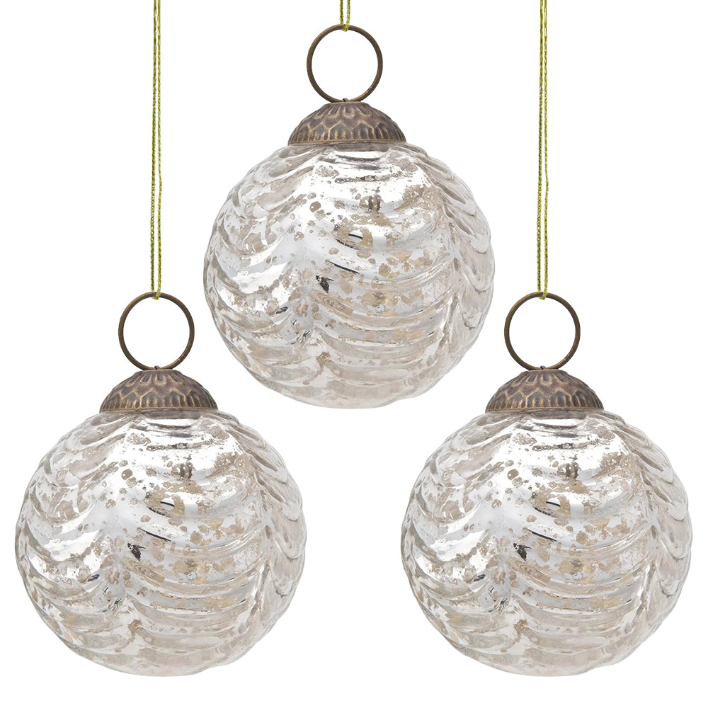 3 Pack Silver Nola Mercury Glass Waved Ball Ornaments - Elegant Christmas Tree Decorations for Holiday Home Decor, Party & Gift Giving