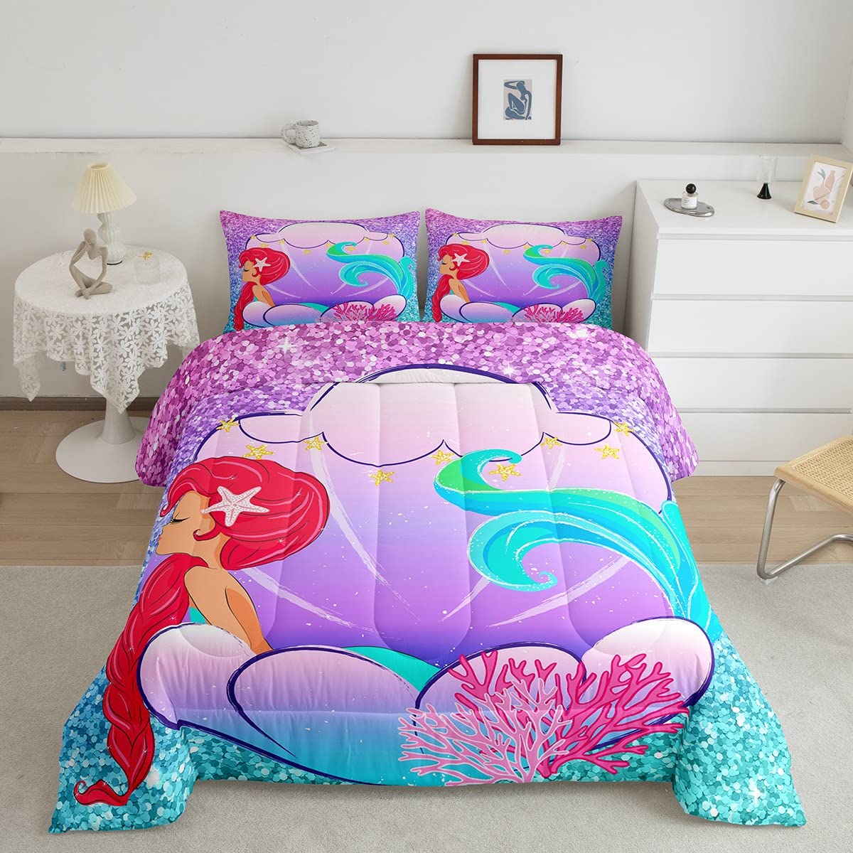 Erosebridal Girls Mermaid Queen Comforter Set - Purple Blue Glitter Bedding for Kids & Toddlers, Magical Mermaid Duvet Cover with Coral Seashell Decor, All-Season Microfiber Bedroom Set for Princess Themed Rooms & Fantasy Sleepovers