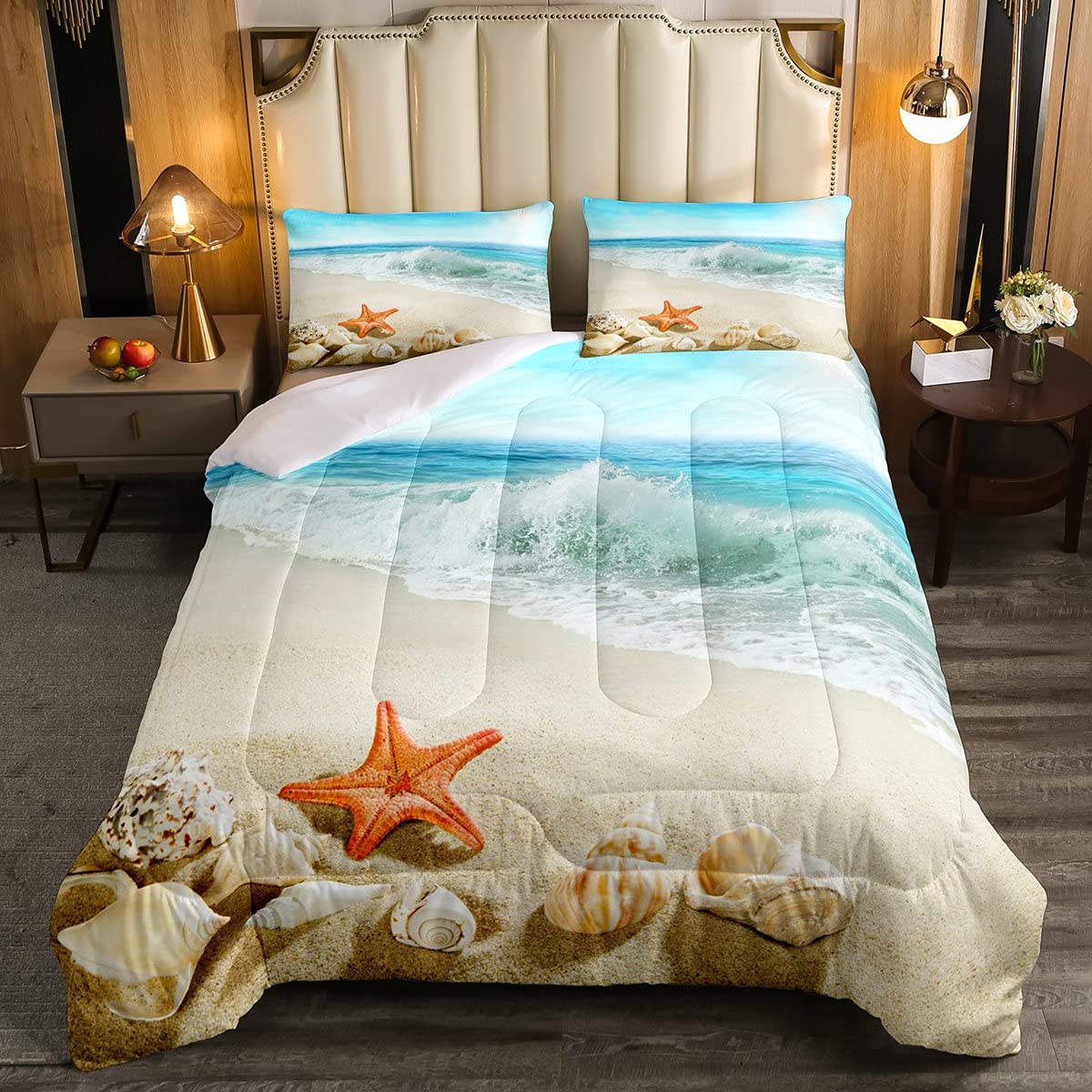 Coastal Ocean Beach Comforter Set - Blue Conch & Starfish Pattern Quilt with 2 Pillowcases (Queen Size) | Nautical Bedding for Beach House, Guest Room & Vacation Home Decor