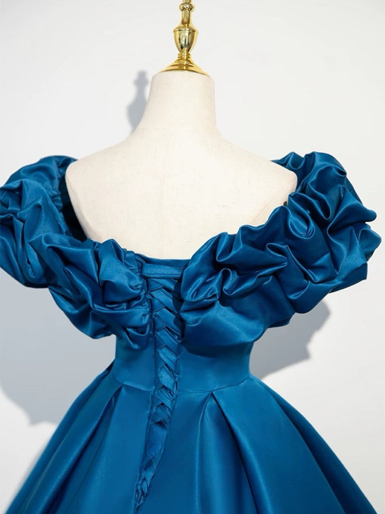 Elegant Off Shoulder A-Line Satin Blue Long Prom Dress for Women - Perfect for Formal Events, Evening Gala & Special Occasions