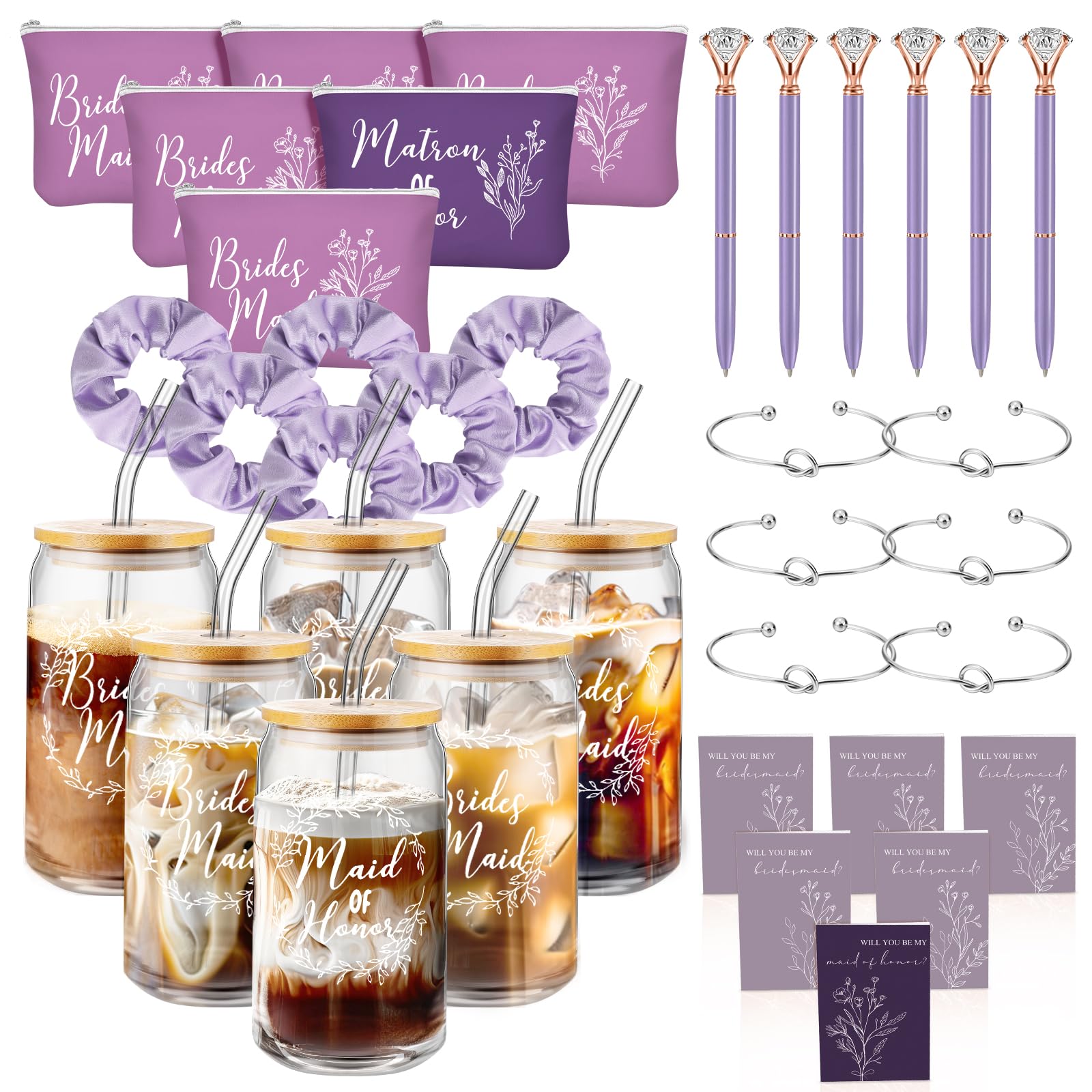 36 Pcs Bridesmaid Proposal Gift Set - 16oz Glass Cup, Cosmetic Bag, Invitation Card, Scrunchies, Knotted Bracelet & Diamond Pen - Perfect Wedding Shower Favors for Bridesmaids (Purple) - Ideal for Bachelorette Parties, Bridal Showers & Wedding Celebrations