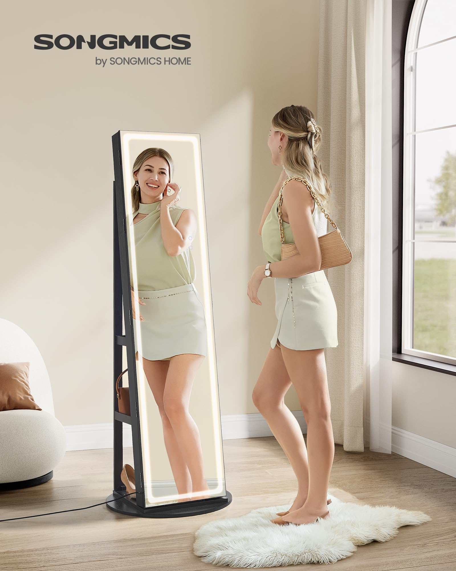 SONGMICS LED Mirror Jewelry Cabinet - Lockable Standing Jewelry Armoire with Full-Length Mirror, Adjustable Brightness LED Lights & 6 Storage Drawers | Space-Saving Jewelry Organizer for Bedroom, Closet or Dressing Room | Gift Idea for Women (Ink Black, UJJC008B01)