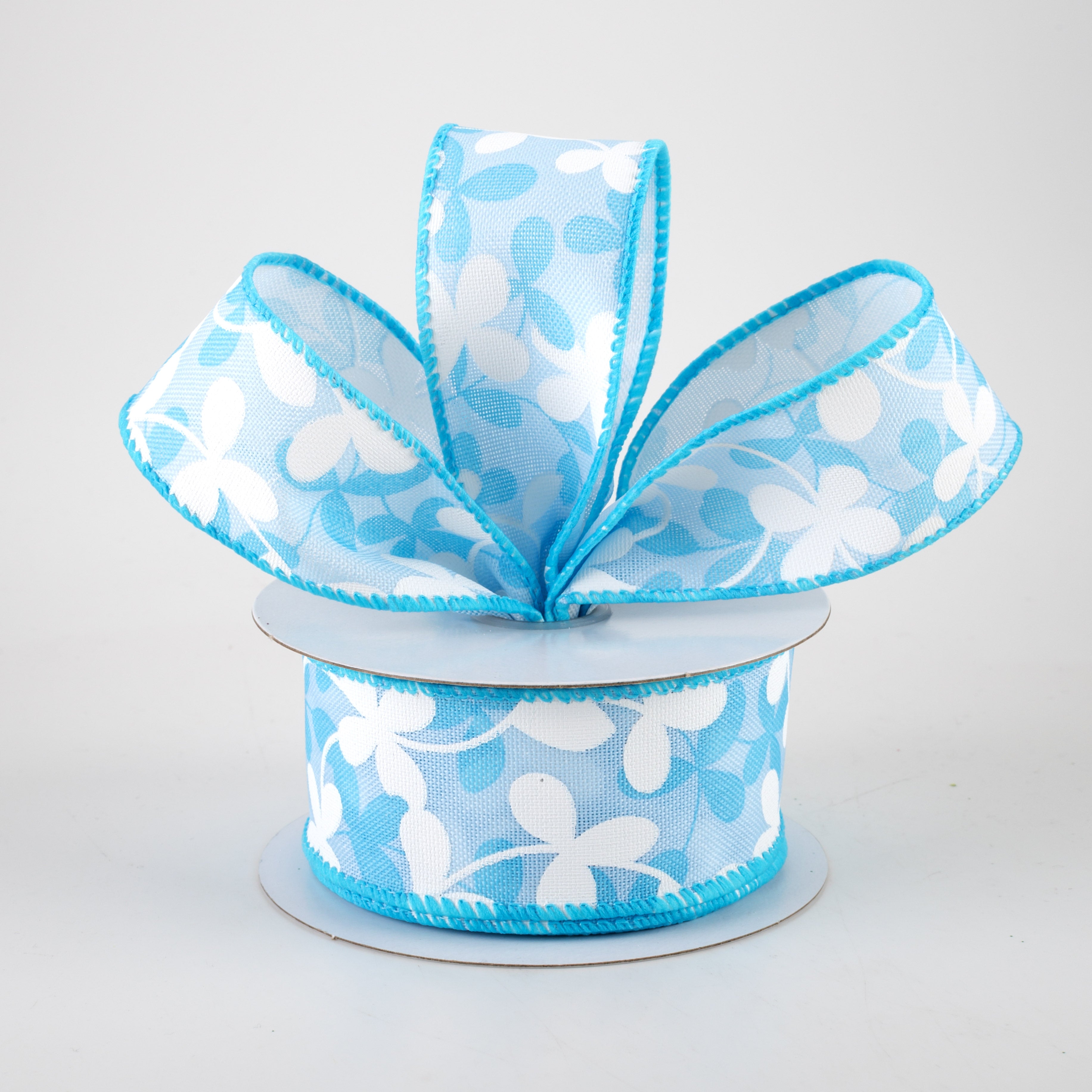 1.5 Inch Light Blue Linen Clover Flowers Ribbon - 10 Yards Bulk Roll for Gift Wrapping, Wedding Decorations, DIY Crafts and Scrapbooking