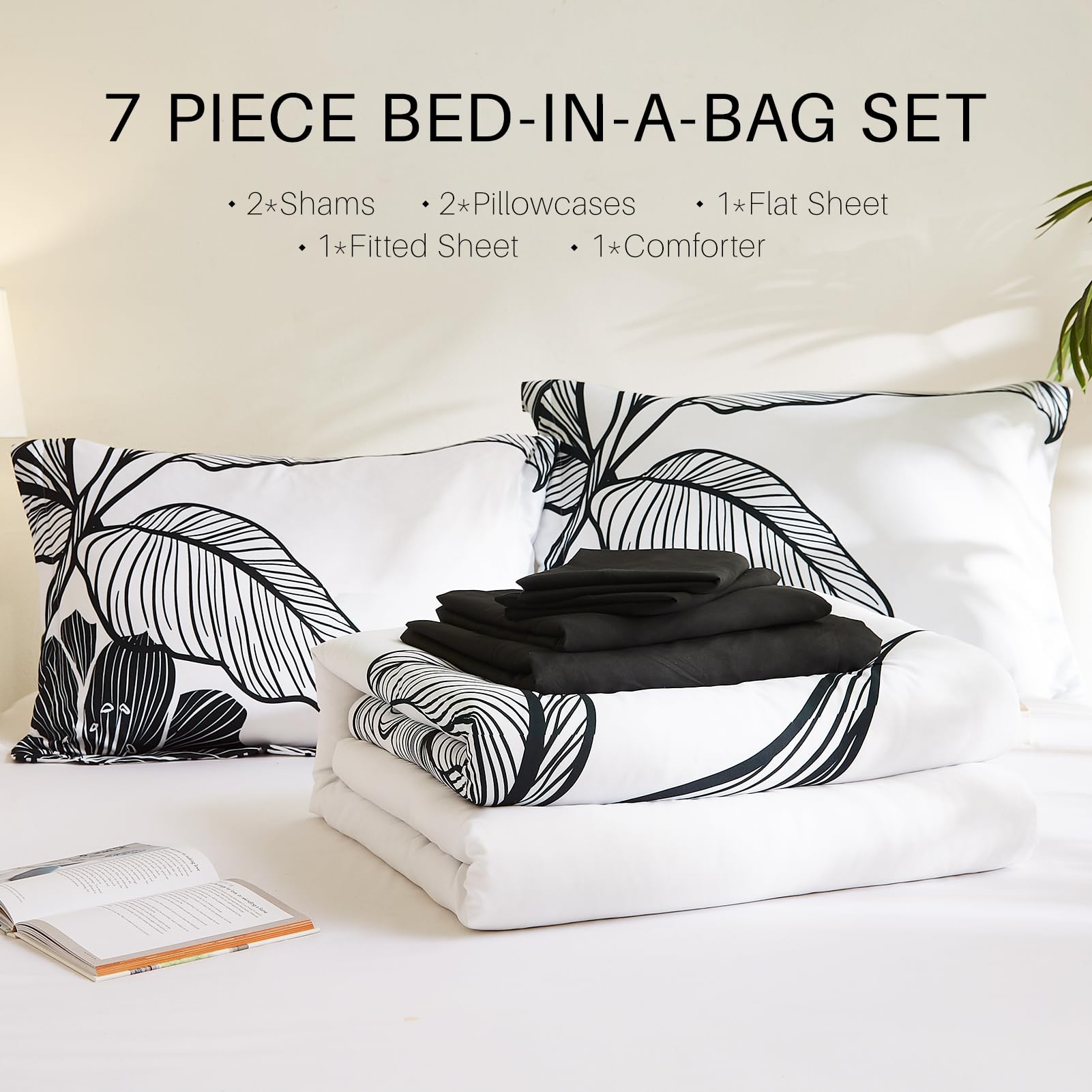 WRENSONGE 7-Piece King Size Comforter Set - Black & White Floral Bedding with Sheets | Soft, Breathable All-Season Bed in a Bag | Perfect for Master Bedroom, Guest Room & Luxury Hotel Decor