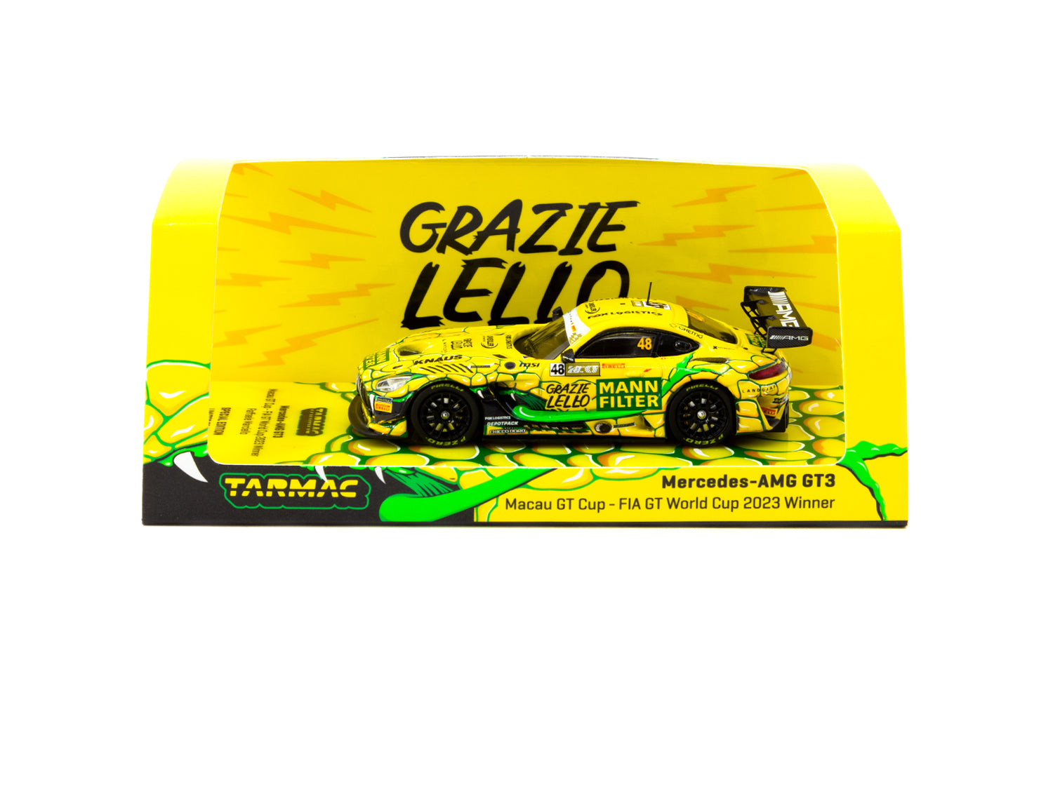 Tarmac Works 1/64 Scale Mercedes AMG GT3 Diecast Model Car - Macau GT Cup FIA GT World Cup 2023 #48 Winner Edition - Collectible Hobby64 Series - Perfect for Display, Racing Enthusiasts, and Model Car Collectors