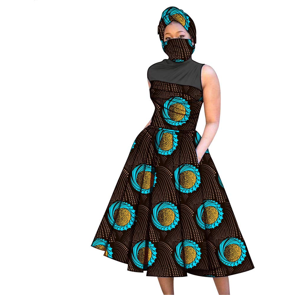 African Print Women's Dresses with Matching Headwrap - Ankara Fabric Plus Size Long Maxi Dresses for Women - Perfect for Parties, Weddings & Cultural Events
