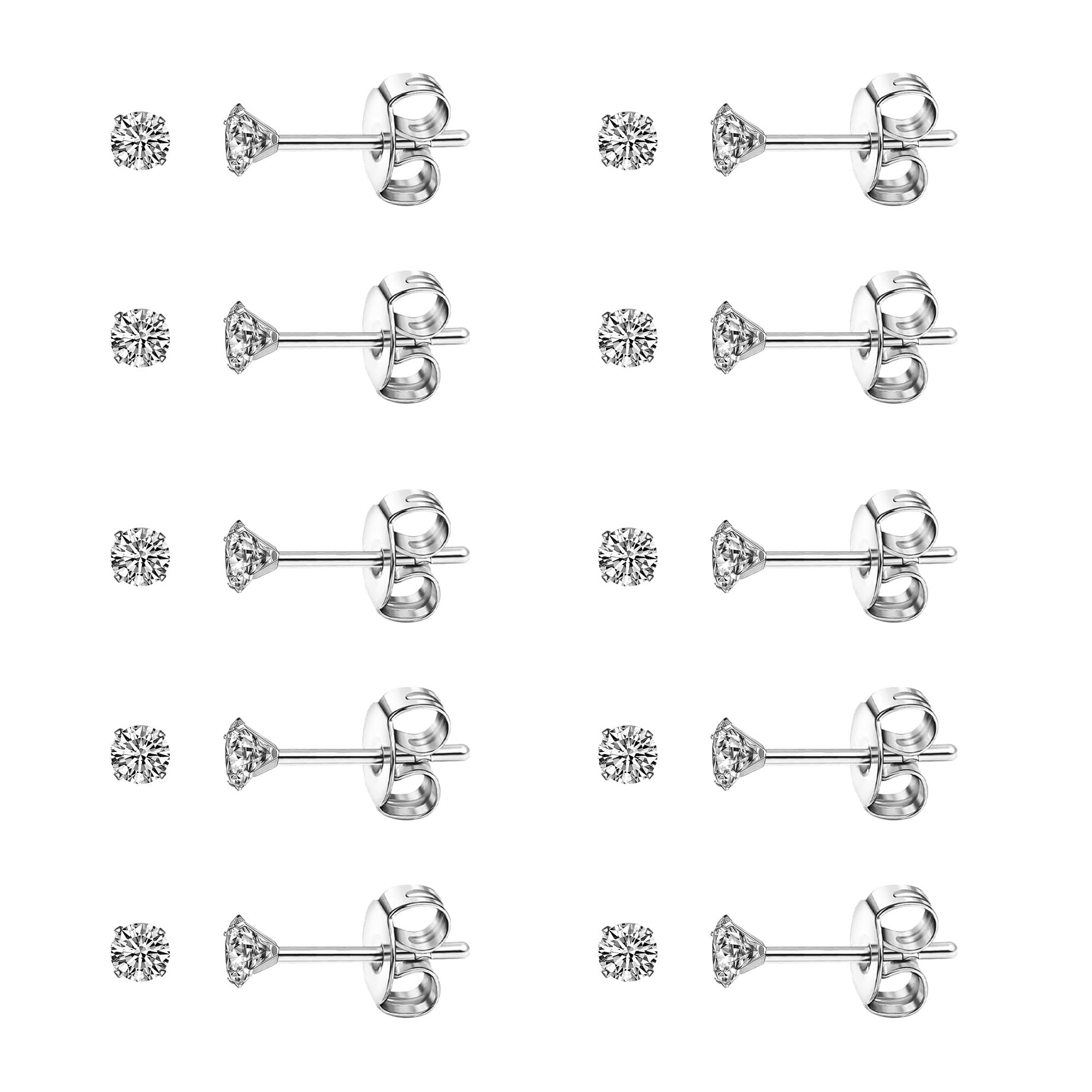 Hypoallergenic Stainless Steel Stud Earrings for Women & Men - Silver Cubic Zirconia Earrings Set Multipack | Perfect for Daily Wear, Gifts & Special Occasions