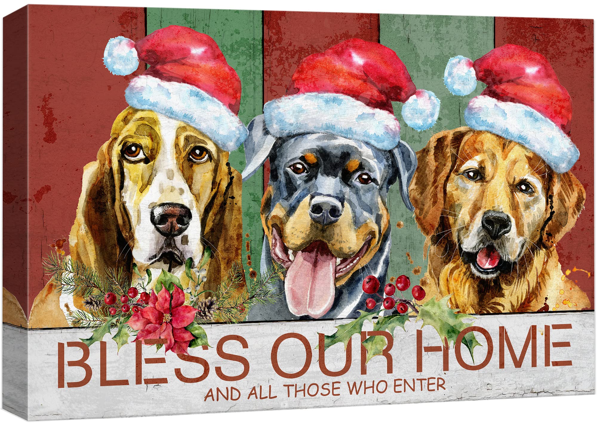 Wall26 Canvas Print - Watercolor Dogs in Santa Hats Christmas Holiday Wall Art Decor, Modern Colorful Illustration for Living Room, Bedroom, Office - 32x48 inches - Perfect for Holiday Home Decor & Christmas Gift Giving