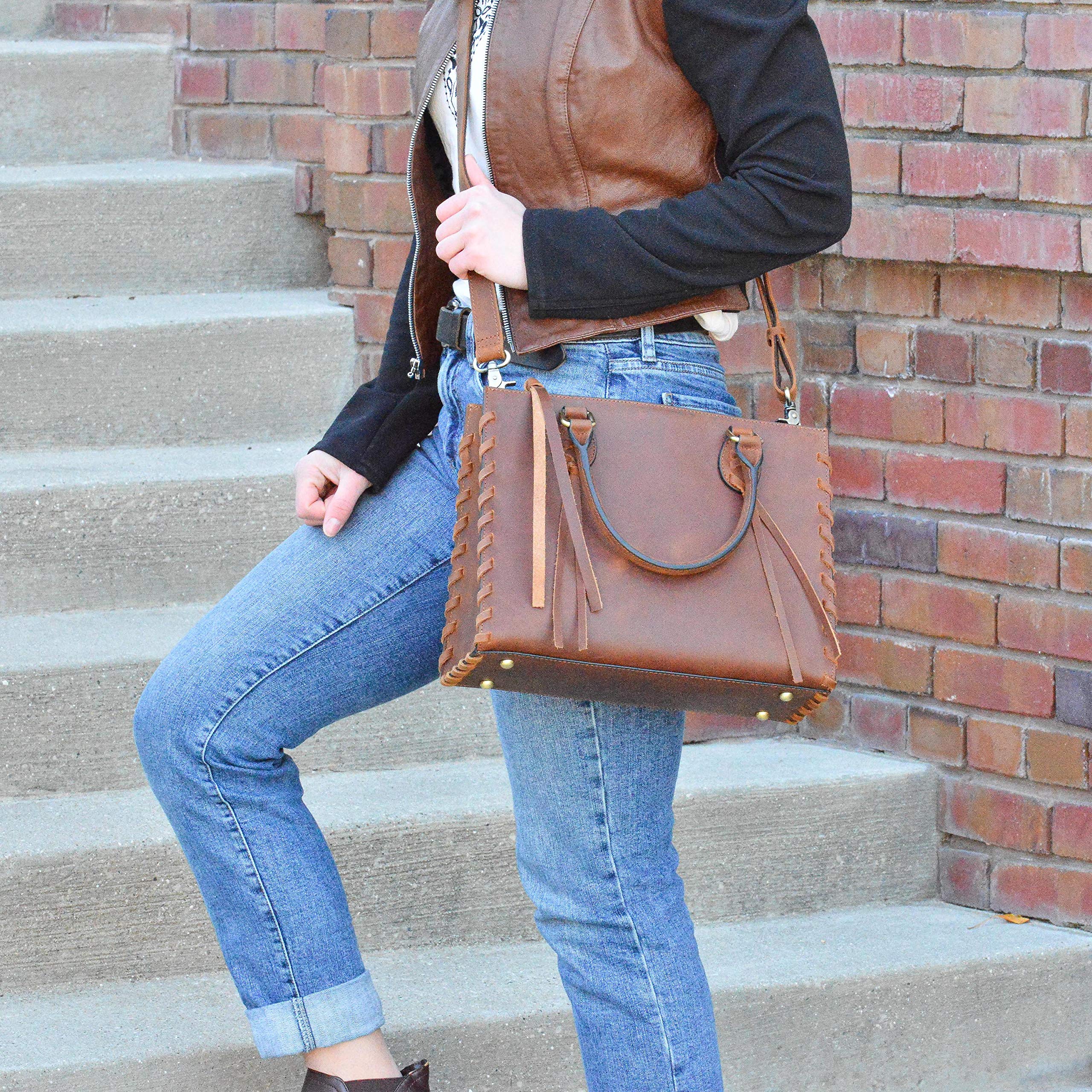Concealed Carry Emma Satchel - Women's Shoulder Bag & Crossbody Purse with Removable Gun Holster - Distressed Brown Leather - Perfect for Everyday Carry, Travel & Self Defense