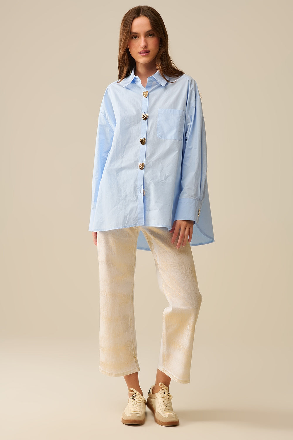 Blue Poplin Casual Shirt with Gold Heart Buttons - Perfect for Everyday Wear, Date Nights & Office Outfits