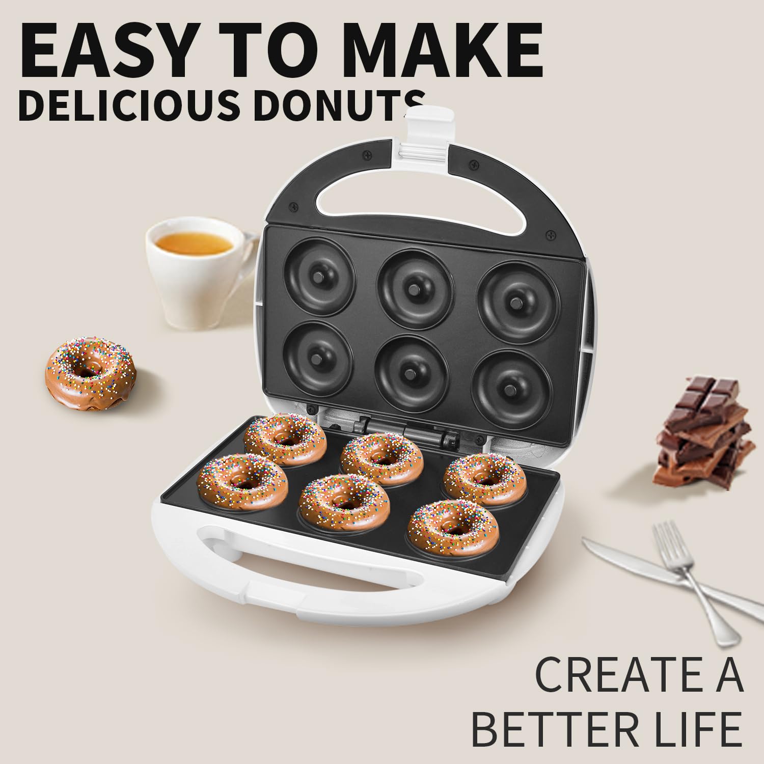 Mini Donut Maker Machine - Non-Stick Electric Doughnut Baker with Cool Touch - Makes 6 Mini Donuts at Once - Perfect for Breakfast, Snacks, Desserts & Party Treats (White) - Great for Home Kitchen, Cafes & Birthday Parties