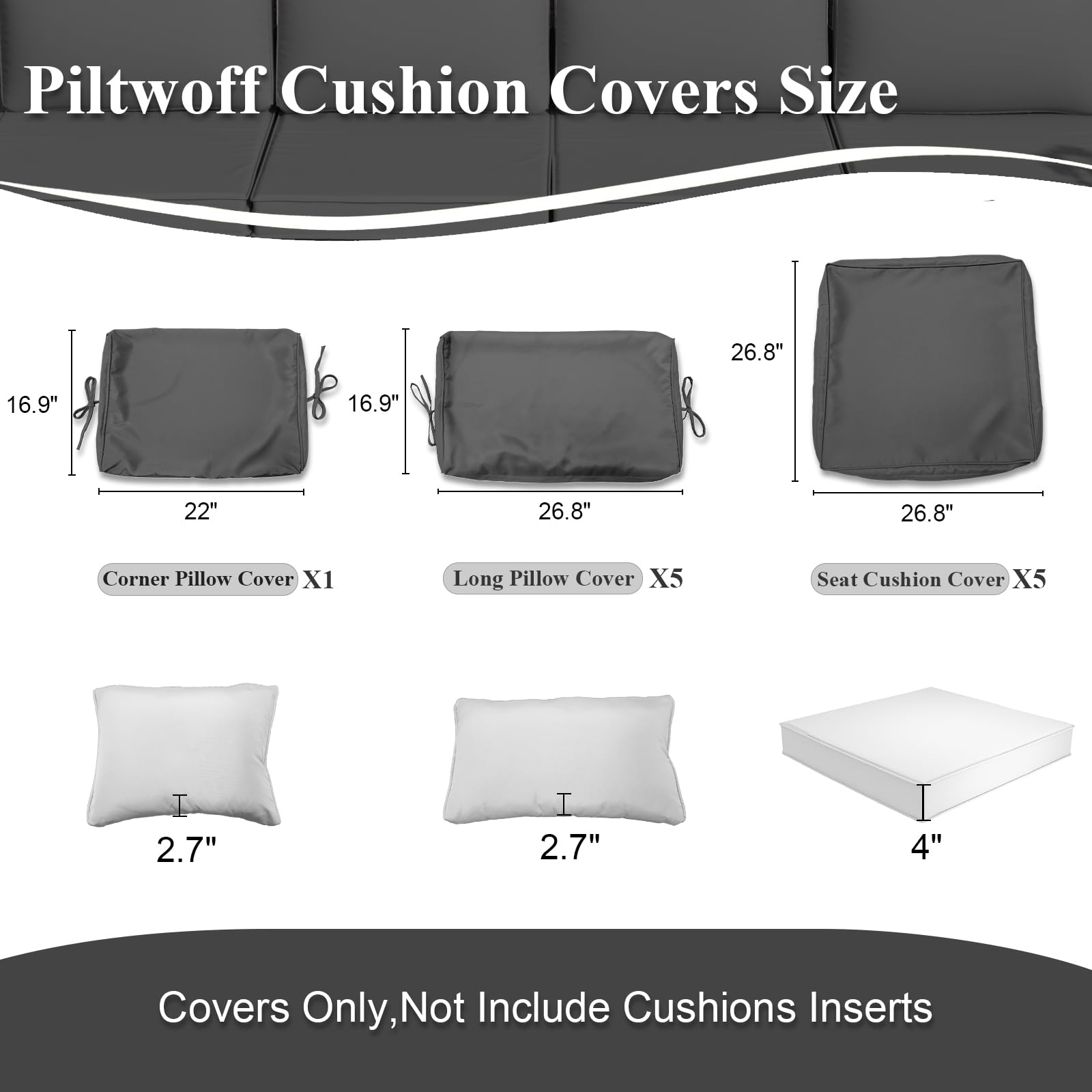 11-Piece Waterproof Outdoor Cushion Covers Set - Durable Zippered Replacement Covers for 6-Piece Patio Furniture (Black) - Perfect for Garden, Deck, Poolside & Outdoor Lounge Areas