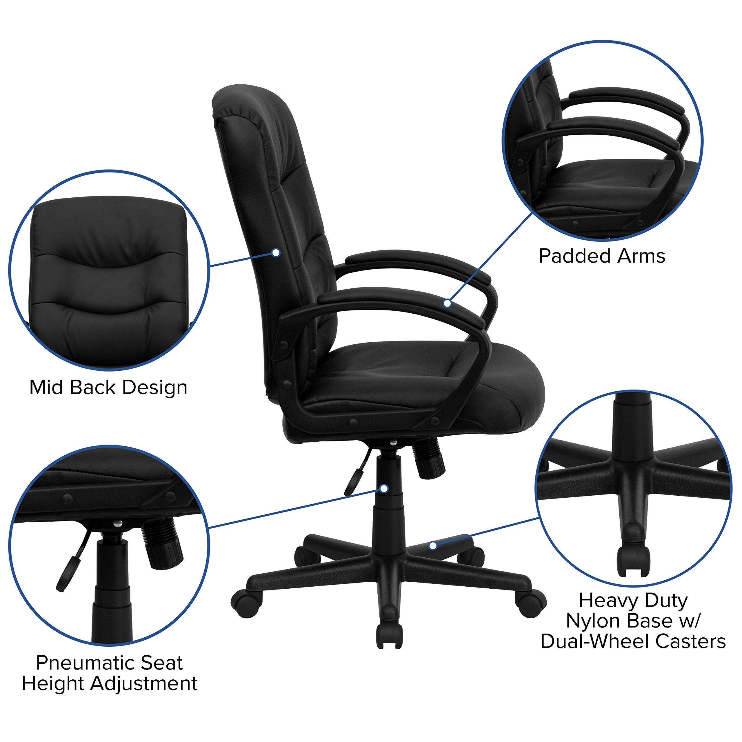 Black LeatherSoft Mid-Back Swivel Office Chair with Three-Line Horizontal Stitching - Ergonomic Support for Home & Office Workspaces