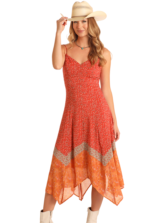 Rock & Roll Denim Womens Handkerchief Midi Dress - Vintage Style Rust Brown Denim Dress for Casual Outings & Music Festivals