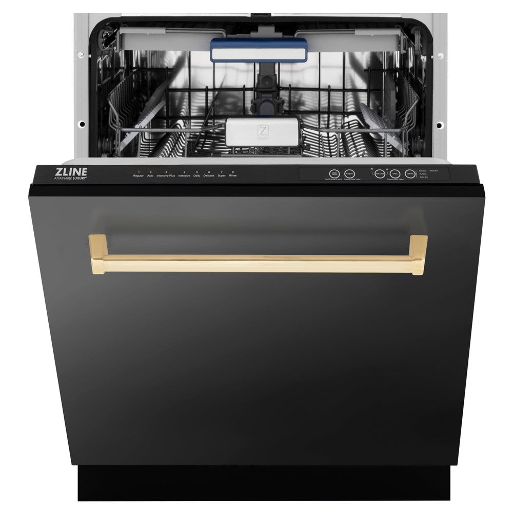 ZLINE Autograph Edition 24 Inch Black Stainless Steel Dishwasher with Champagne Bronze Handle - 3rd Rack & Top Control Panel - Ultra Quiet 51dBa - Perfect for Modern Kitchens & Open Concept Homes (Model DWVZ BS 24 CB)