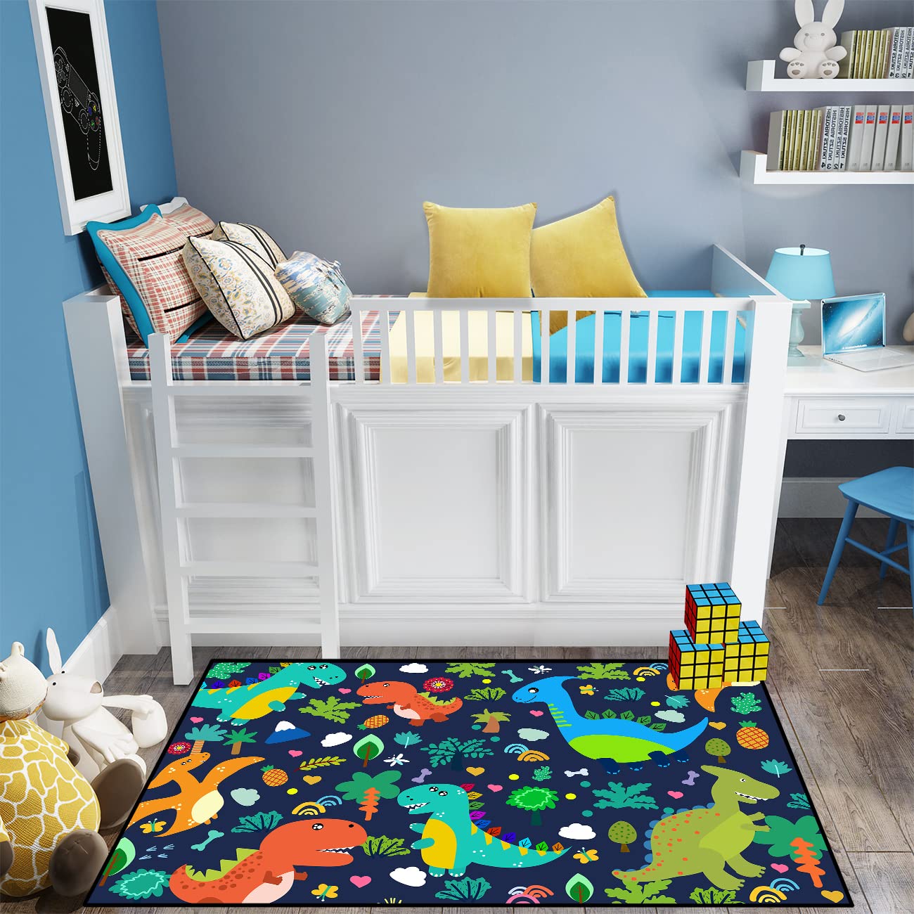 Dinosaur Area Rug for Kids - 3'×5' Blue Cartoon Dinosaur Rug with Leaves Print | Soft Playroom Rug for Boys Bedroom, Classroom & Nursery Decor | Perfect for Playtime, Learning & Dinosaur-Themed Rooms
