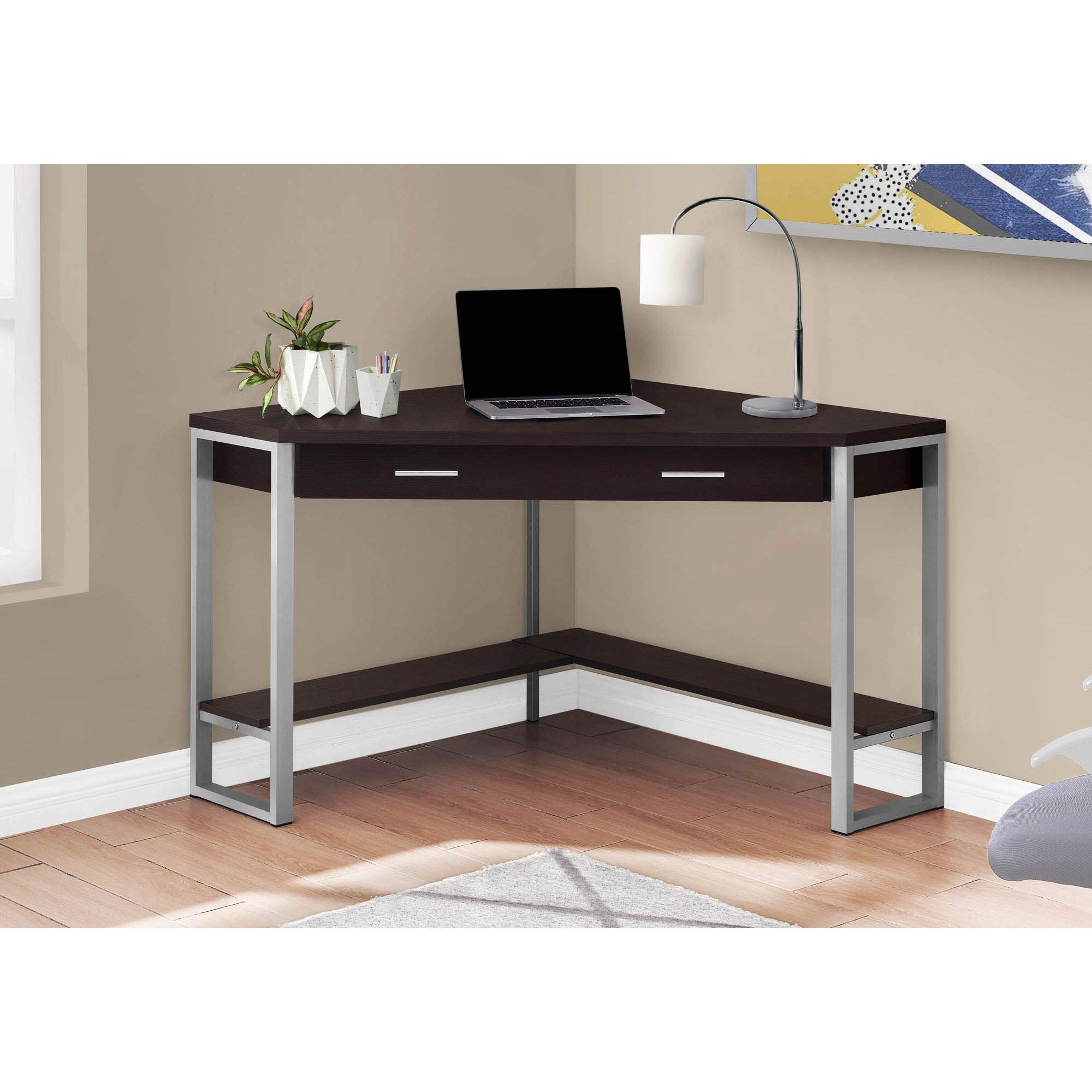 Offex 42 Inch Modern L-Shaped Corner Desk for Home Office - Silver Metal Frame & Cappuccino Finish, Perfect for Small Spaces & Workstations