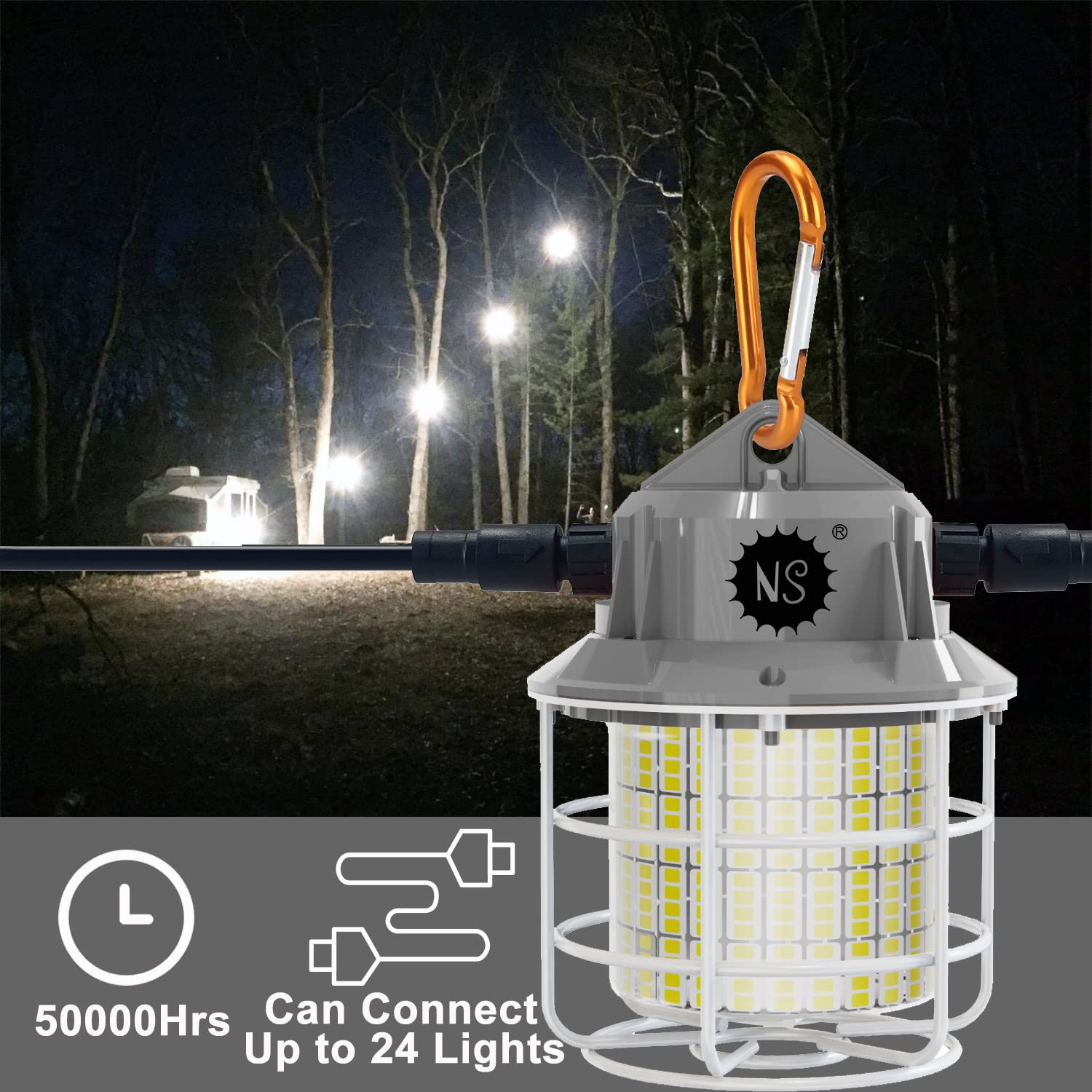 55W 8500LM LED Work Light - Equivalent to 200W HID/HPS - 13.12FT Power Cord with US Plug - 5000K Daylight White - Linkable Hanging Light with Outlet & Hook - Perfect for Construction Sites, Warehouses, Garages, and Outdoor Events