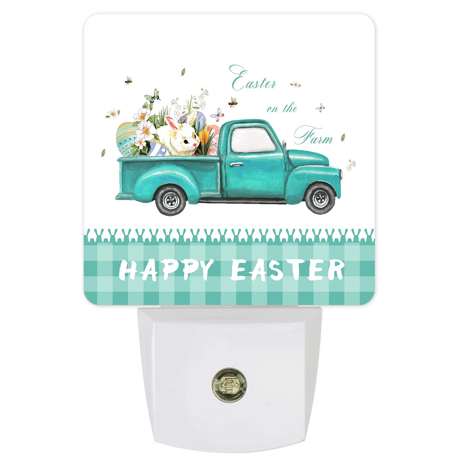 Night Light Plug in LED Lamp with Automatic Sensor - Happy Easter Farm Theme Cute Car with Eggs - Square Dim Night Lights for Kids, Children & Adults - Perfect for Bedroom, Hallway, Nursery & Bathroom