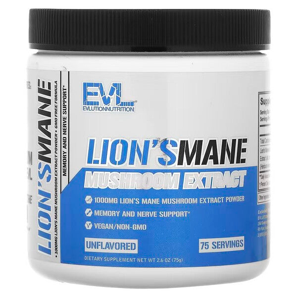 EVLution Nutrition Lion's Mane Mushroom Powder - 75g | Organic Brain Support Supplement for Focus, Memory & Cognitive Function | Perfect for Coffee, Tea & Smoothies