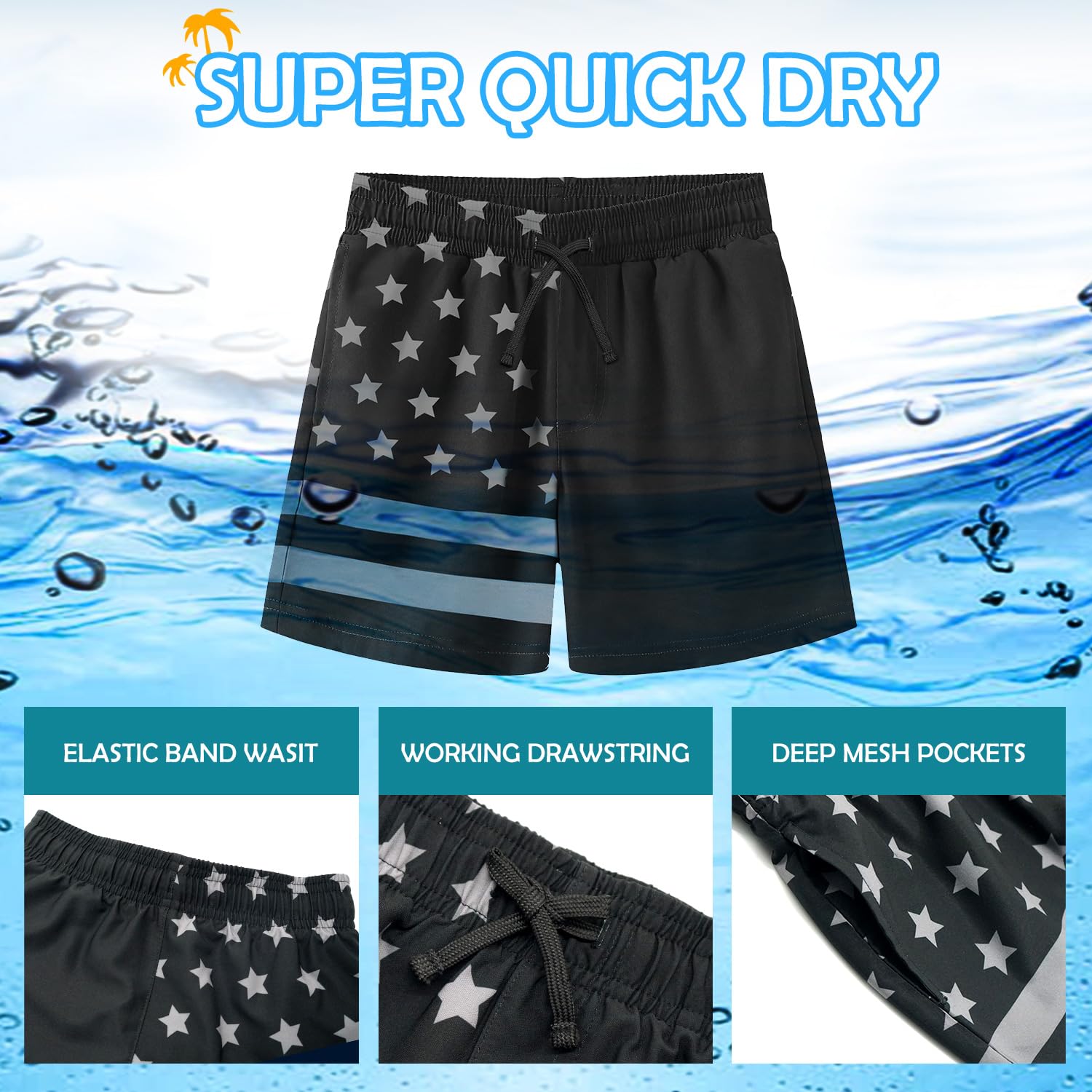 HODOSPORTS Boys Swim Trunks - Quick Dry Bathing Suits with Pockets for Swimming, Beach & Pool Activities