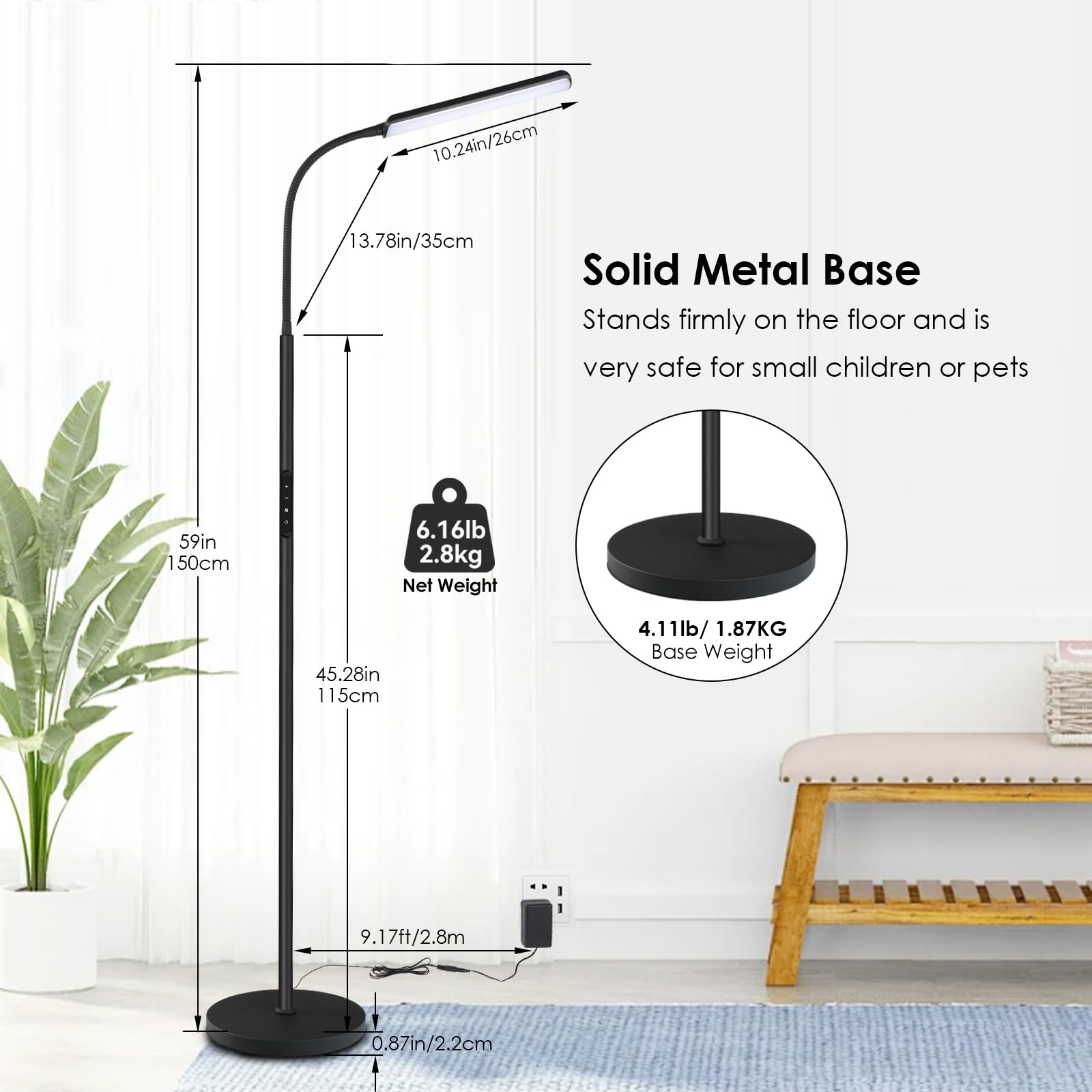 Dimunt LED Floor Lamp - 15W Bright Adjustable Standing Light with Remote & Touch Control, 3000K-6000K Color Temperature, 1H Timer - Perfect for Living Room, Bedroom & Reading Nook